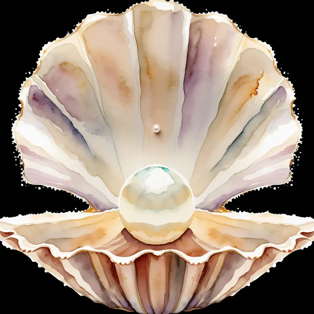 watercolor illustration, scallop shell, slightly open with a pearl inside the shell, isolated on a solid white background