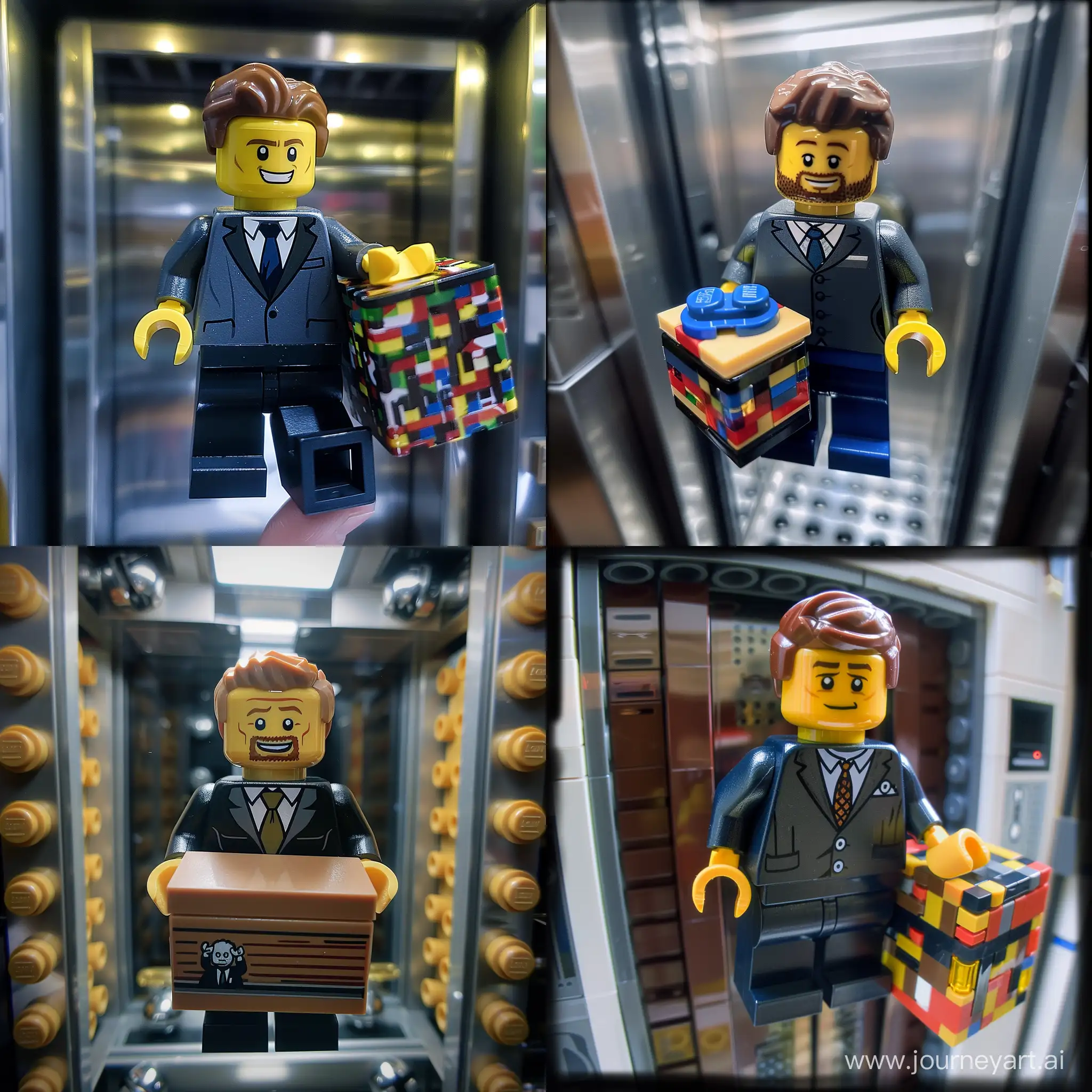 fish eye effect of the lego figure of the man in suit with bearn in the real elevator holding in the hands lego box
