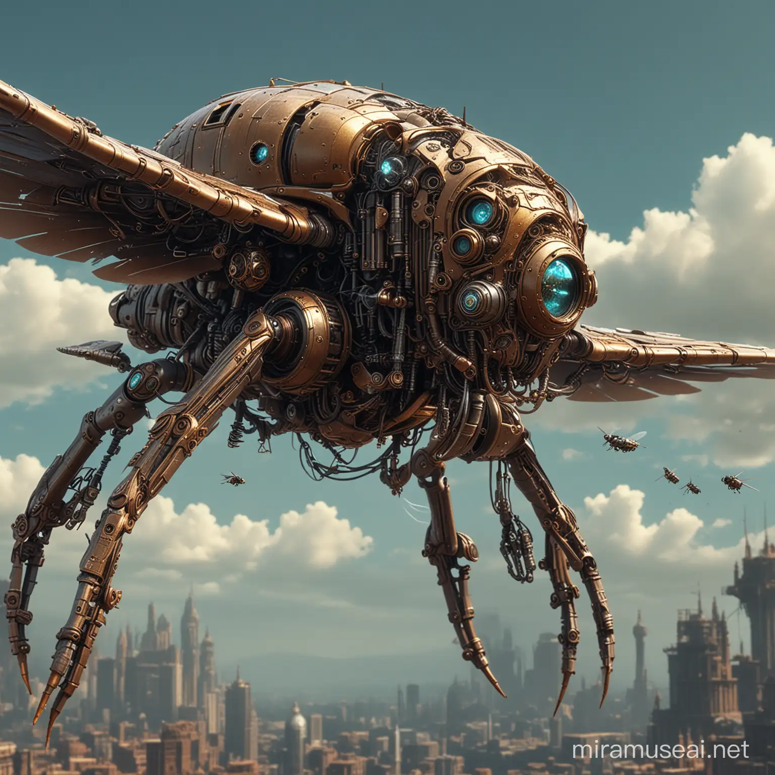Steampunk Cybernetic Biomechanical Fly in Flight Surreal 3D Render