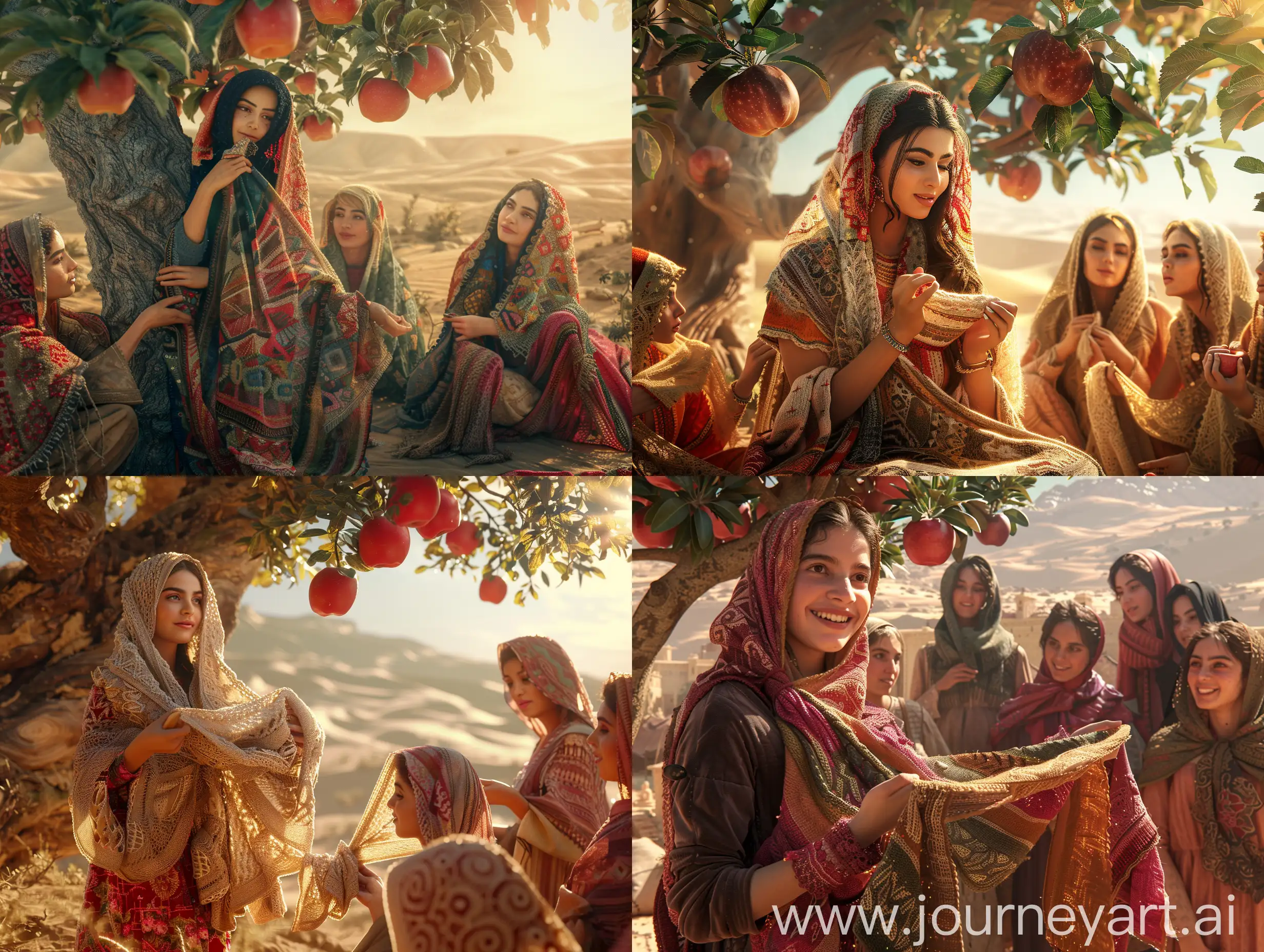 A beautiful young Persian woman, who is happy to have knitted a large number of shawls, proudly shows these shawls to her female friends who are under a giant apple tree and who have also knitted shawls. in a desert, in an ancient civilization, cinematic, epic realism,8K, highly detailed, glamour lighting, backlit