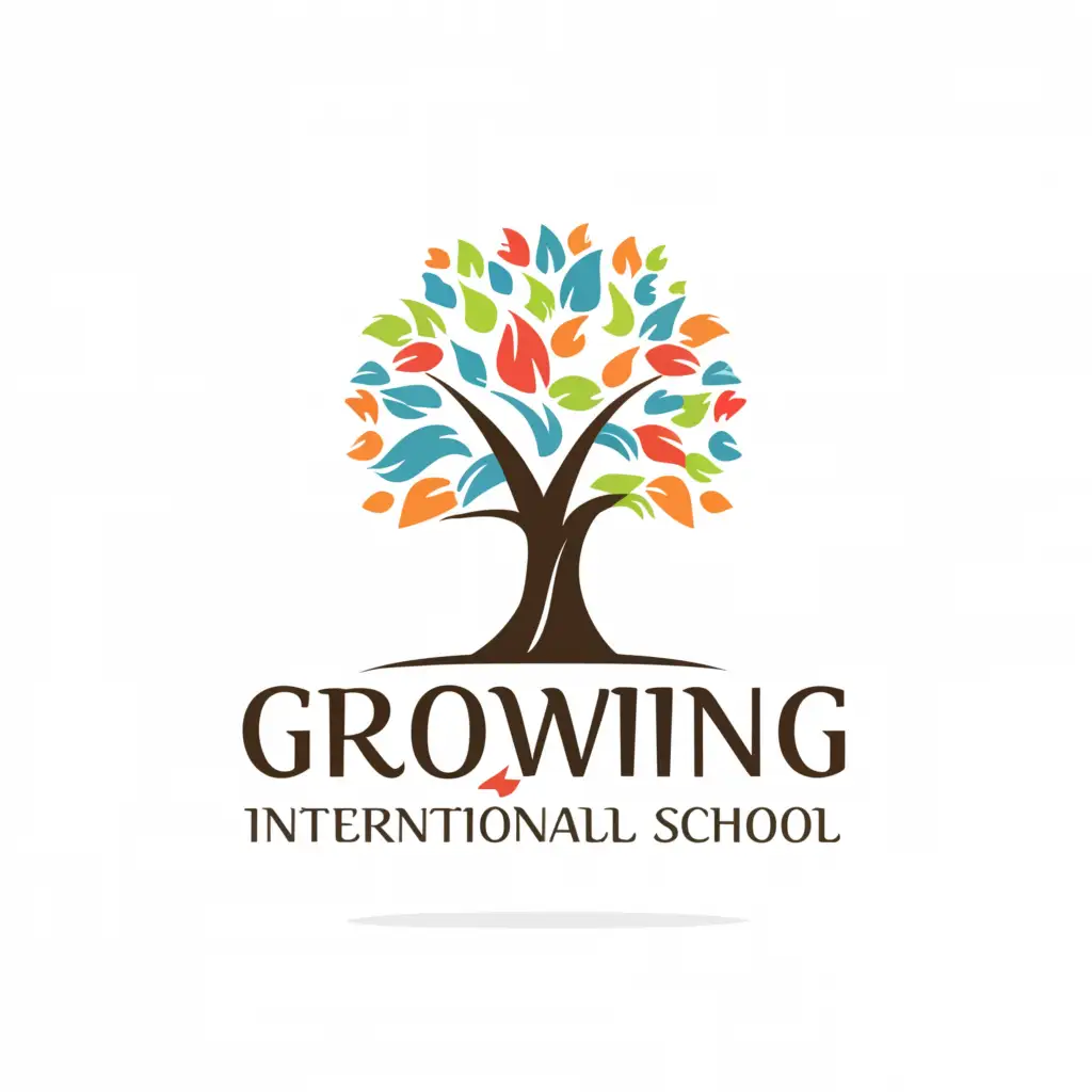 a logo design,with the text "Growing International school", main symbol:tree,Minimalistic,be used in Education industry,clear background