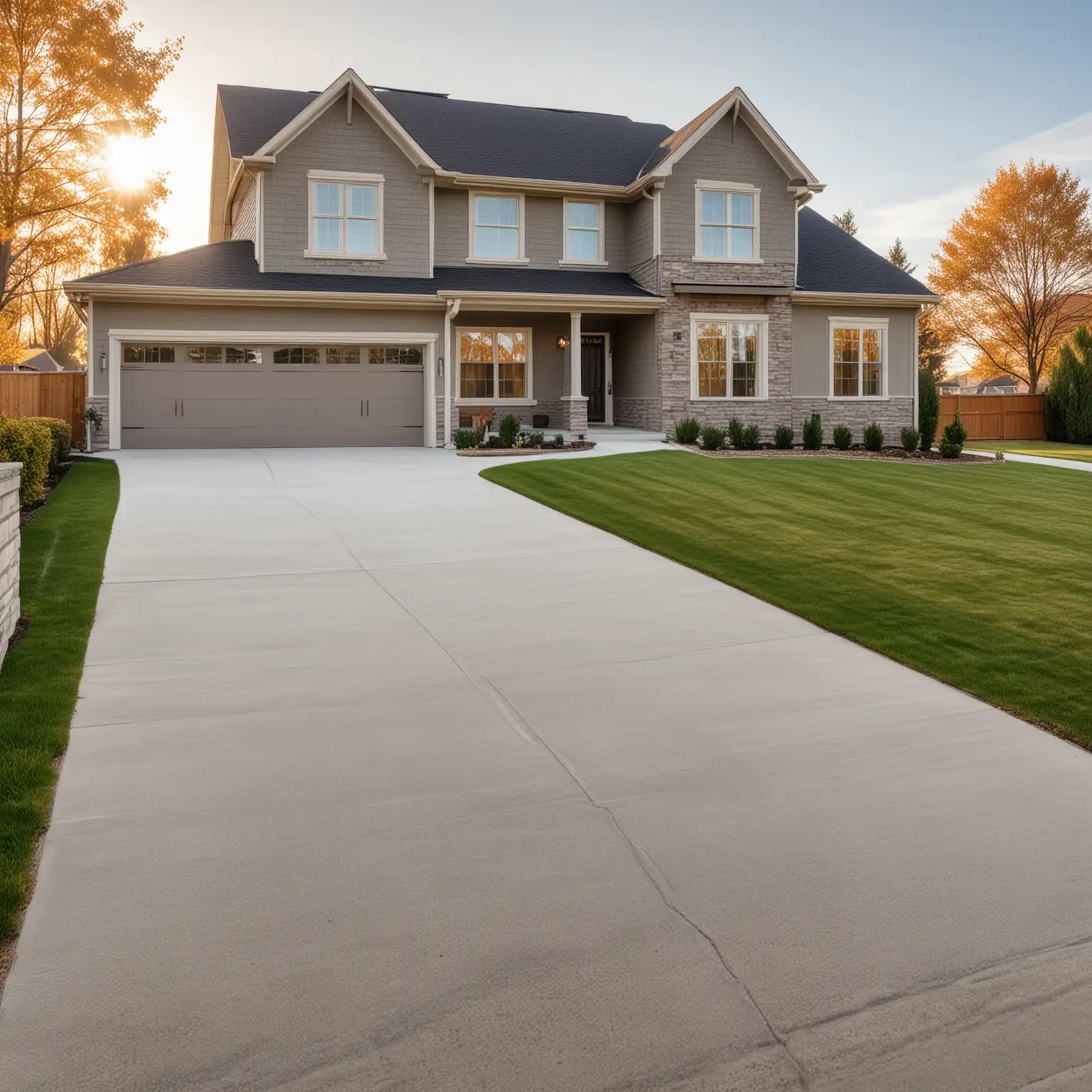 realistic photo of a new house with a long driveway point of view on a sunny day no trees