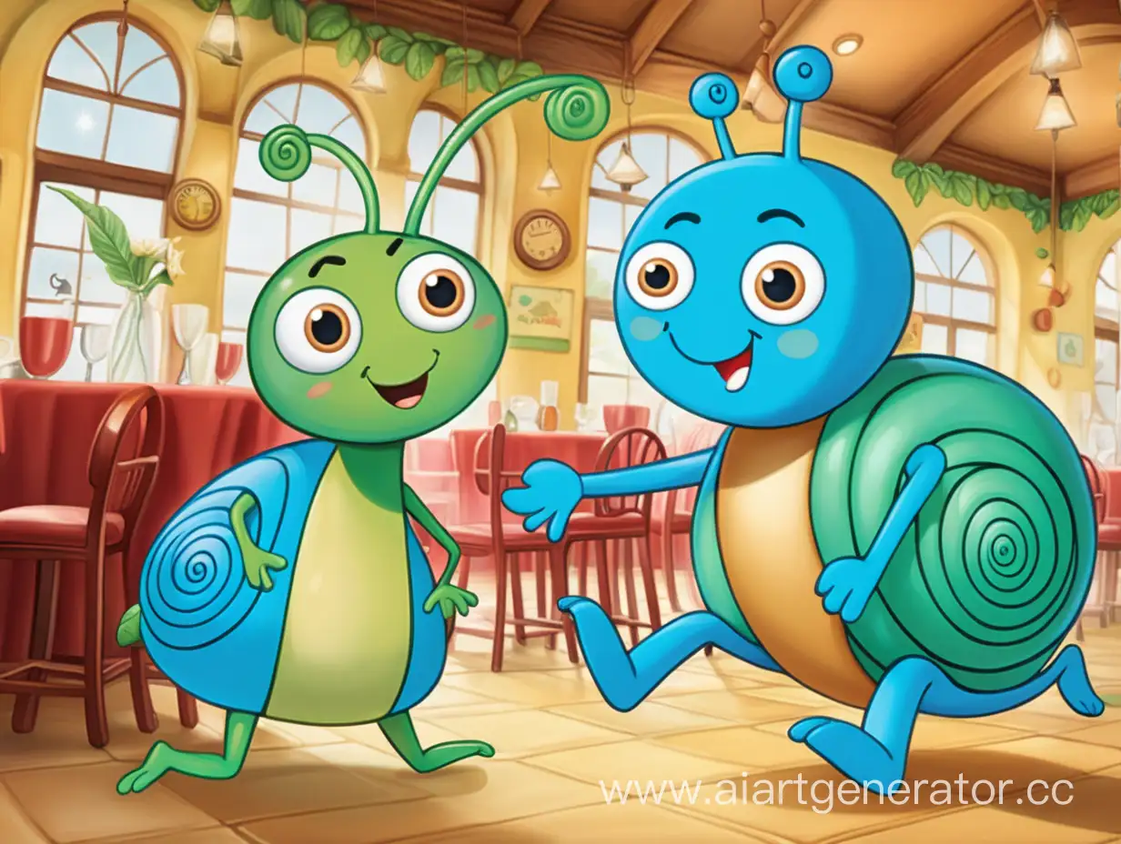 draw a scene of two snail characters in a children's book. A male green snail and a female blue snail on two human-like legs dancing in a restoraunt