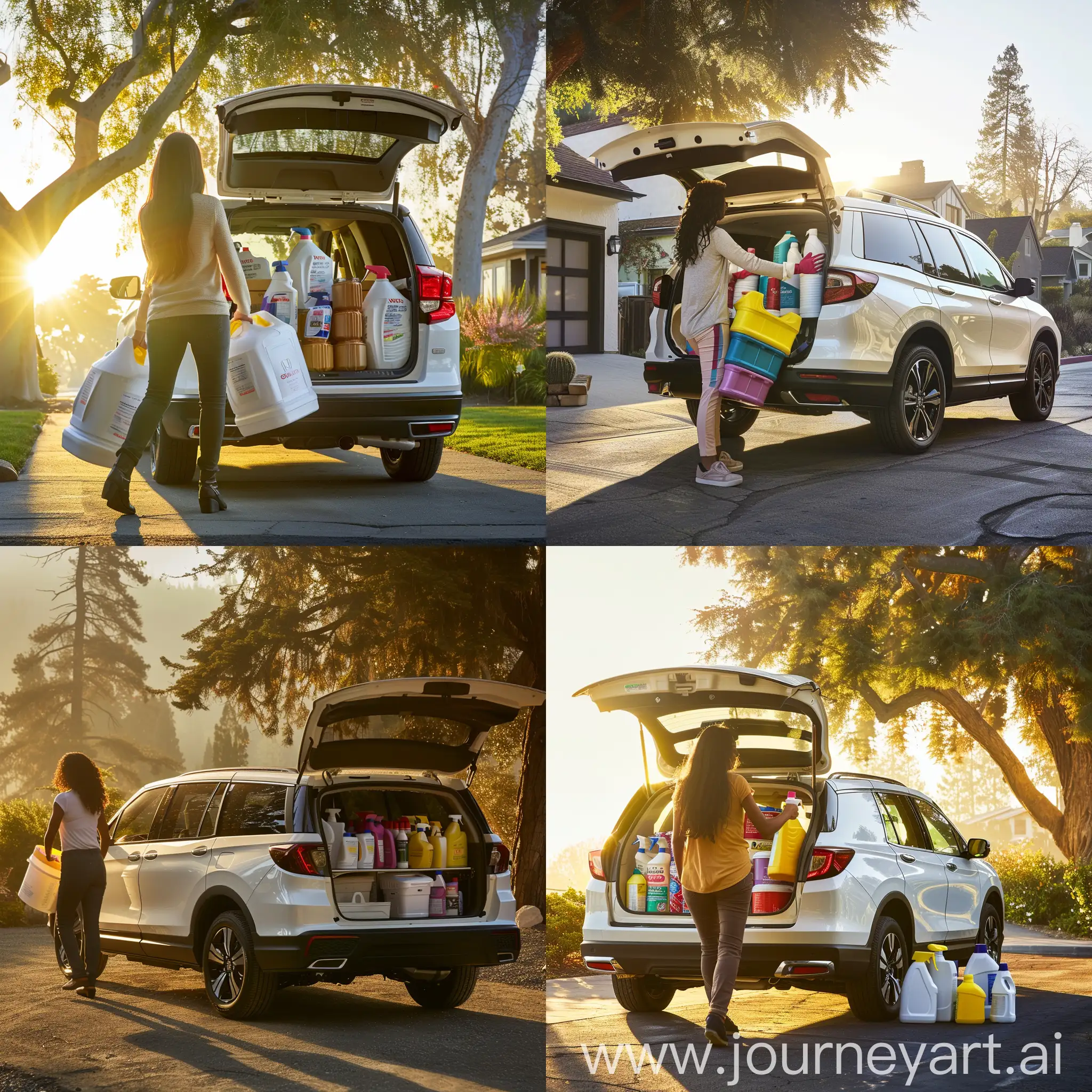 A woman unloading cleaning supplies from her white Honda pilot suv, morning, sunshine, cinematic, high resolution details