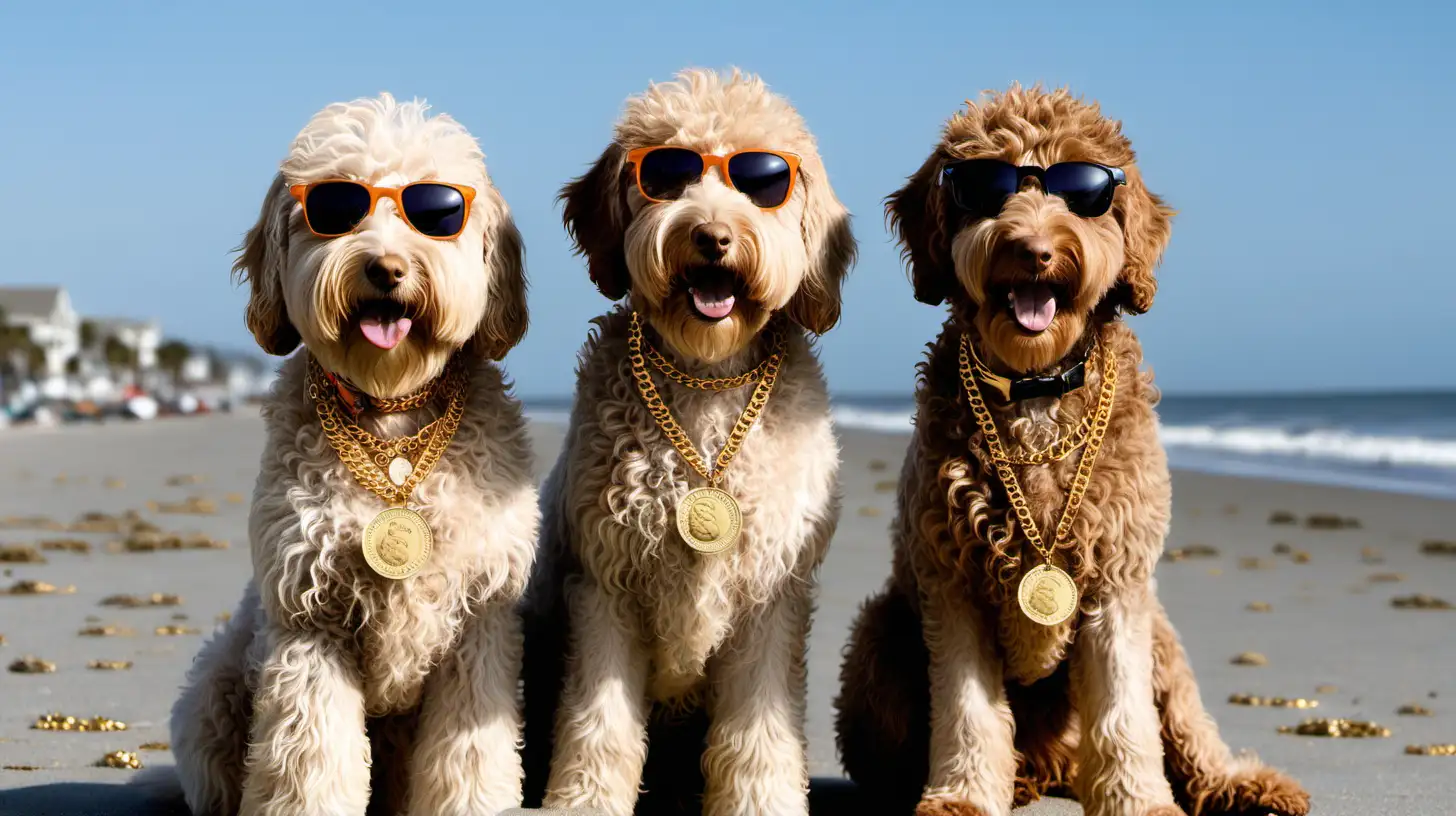 2 labradoodles with gold coin necklace on beach with sunglasses