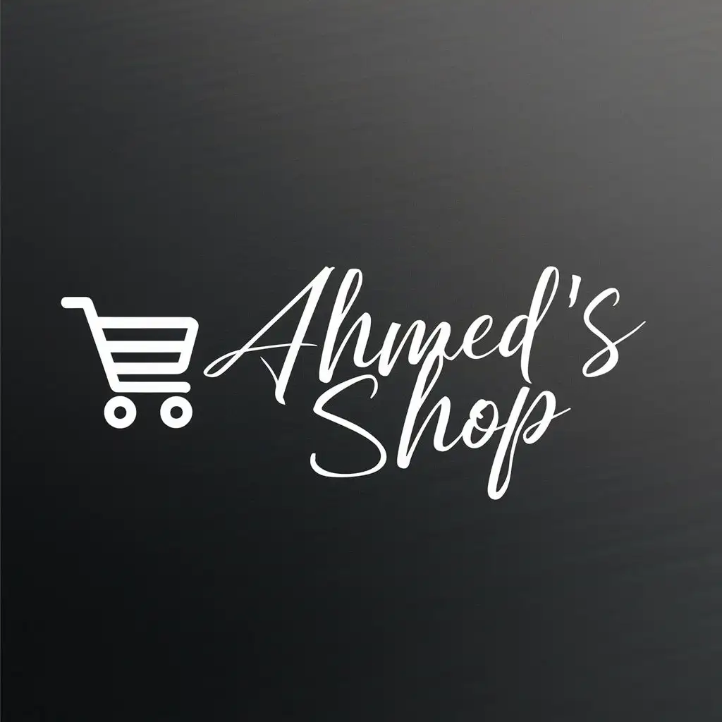 logo, small cart on the left side, with the text "Create a sleek and modern logo for 'Ahmed's Shop', an online business offering a variety of products. The logo should exude professionalism and innovation while instilling trustworthiness. Incorporate a small shopping cart icon alongside the business name 'Ahmed's Shop', using a cursive font style to add a touch of elegance. Experiment with contemporary color schemes and minimalist design elements to ensure the logo stands out and remains versatile across various platforms. The logo should capture the essence of shopping and convey a sense of sophistication to potential customers.", typography