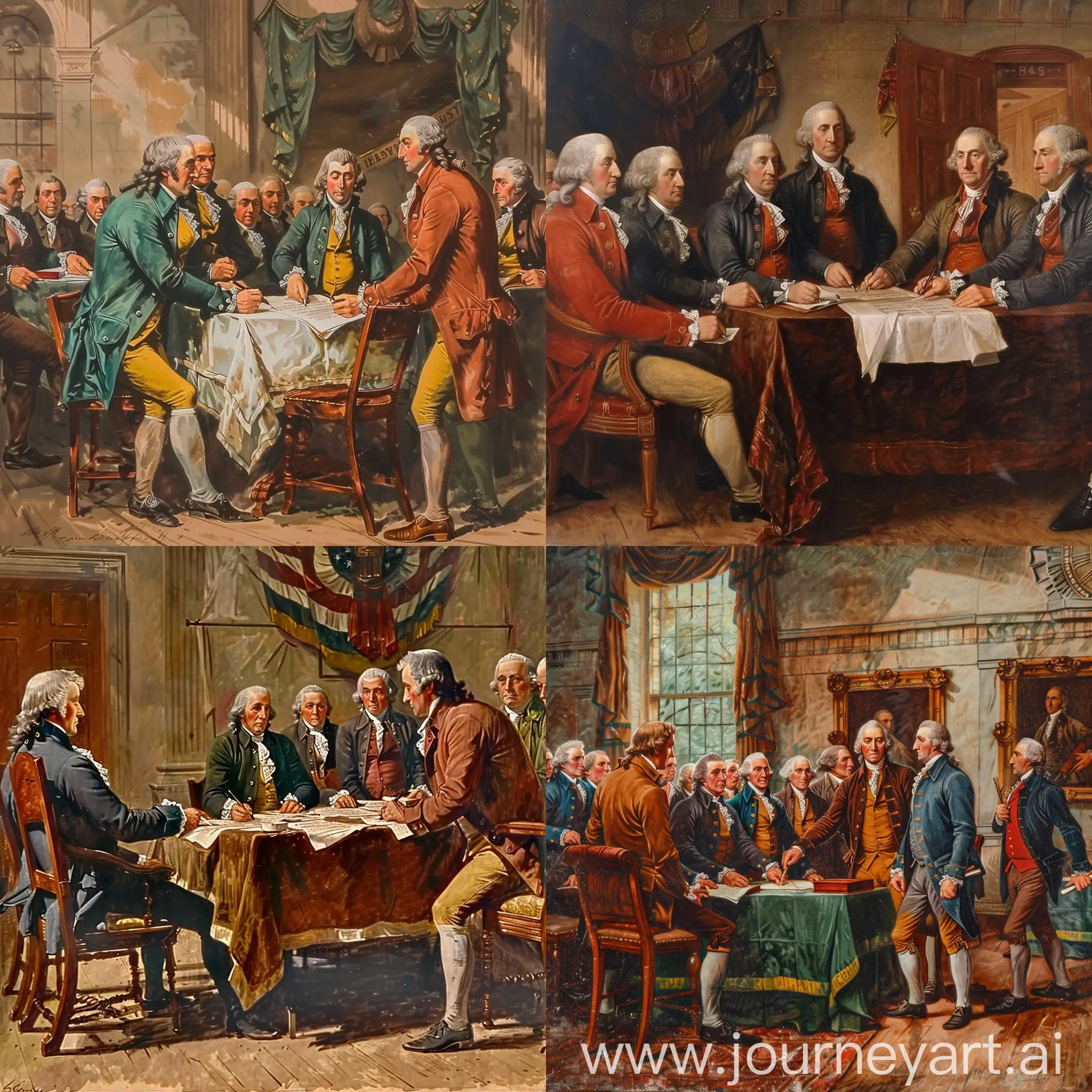 depiction of delegates gathered in Independence Hall in Philadelphia, Pennsylvania, on July 4, 1776, signing the Declaration of Independence
