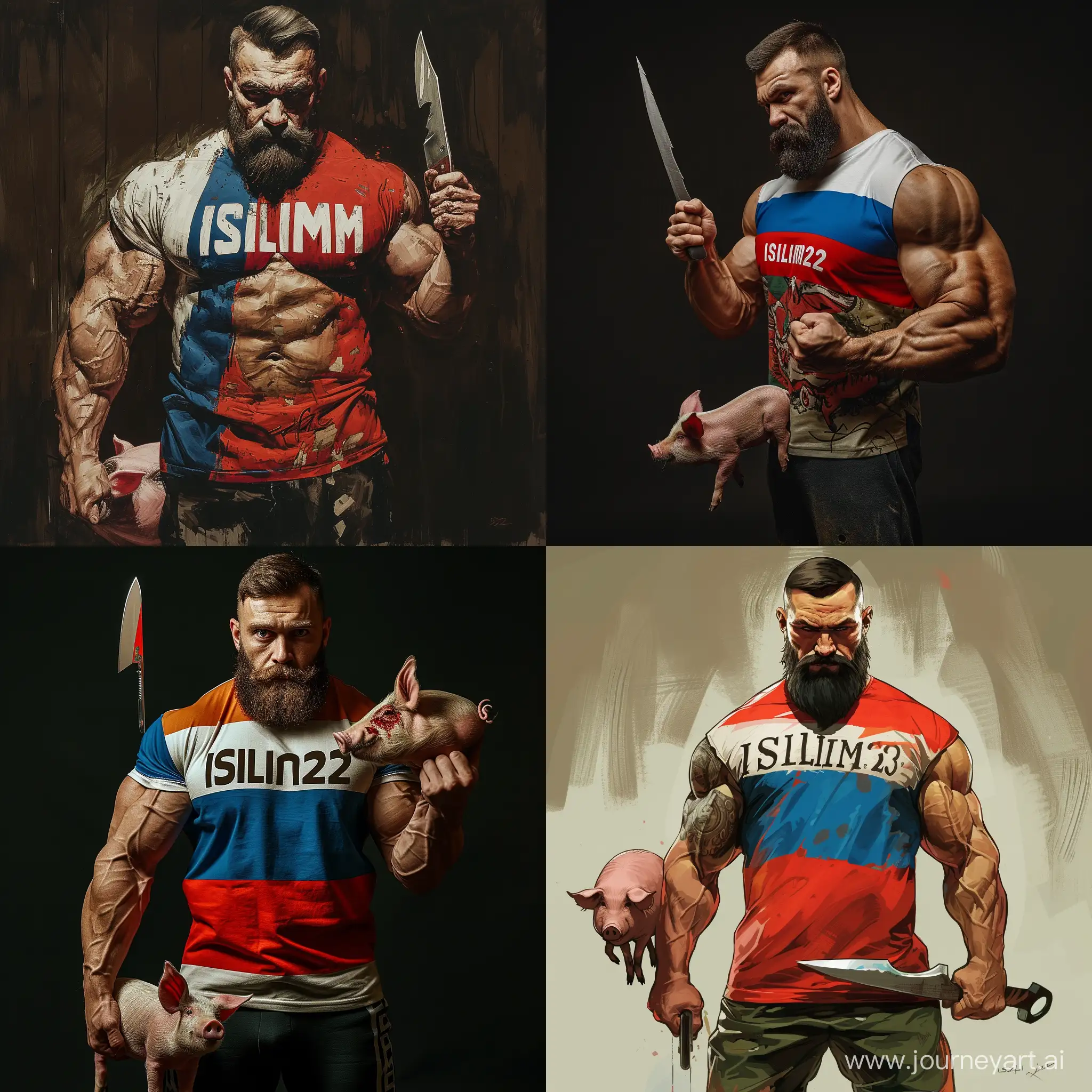 Pumped-up bodybuilder with beard in t-shirt with inscription  ISLIM32 coloured in Russian flag holding a knife in his right hand and in the left hand there is a pig