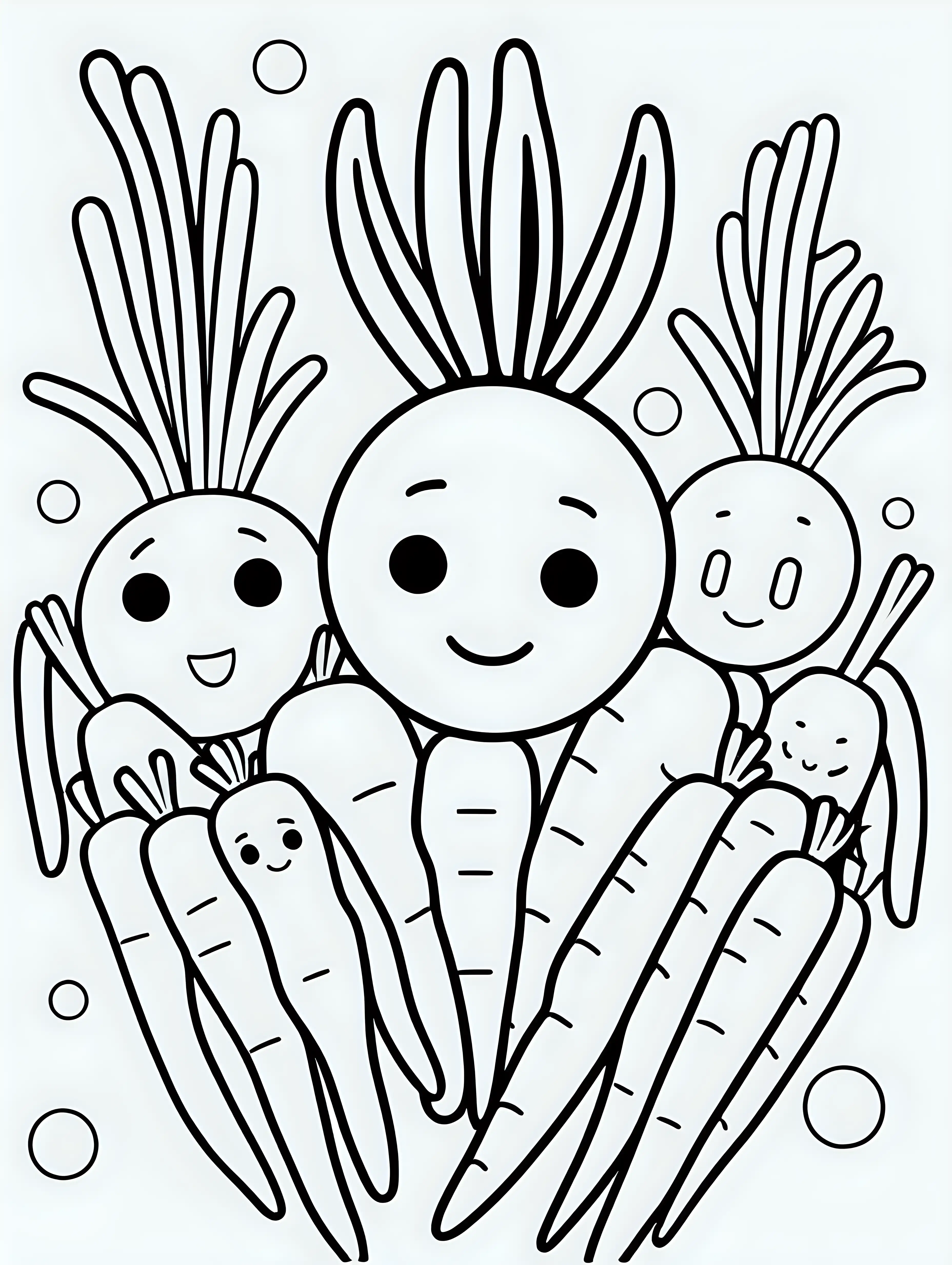 coloring book, cartoon drawing, clean black and white, single line, white background, cute carrots, emojis