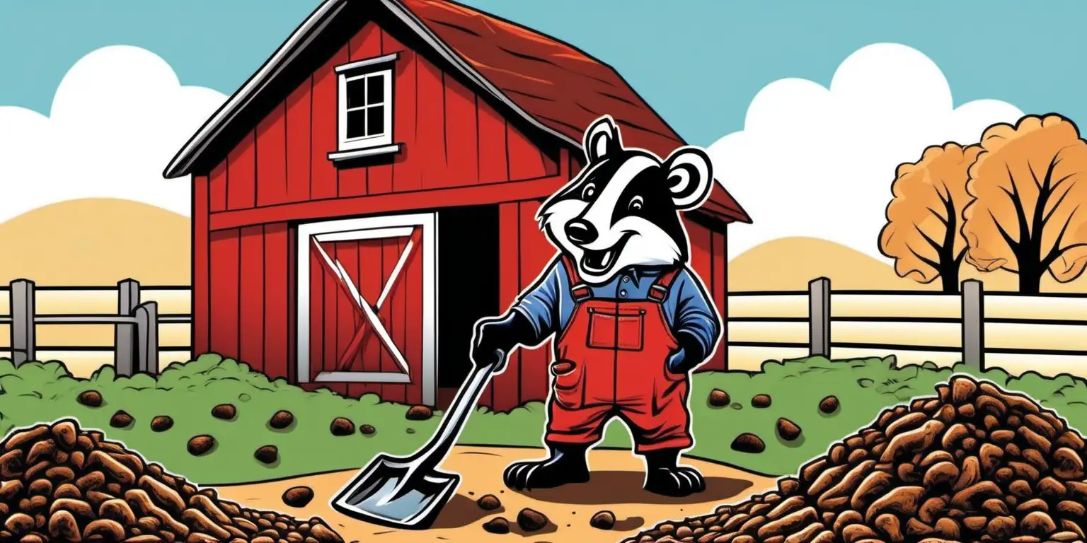 vector graphic cartoon, a smiling badger wearing overalls, scooping a shovel of manure in front of a red barn, blue sky in background