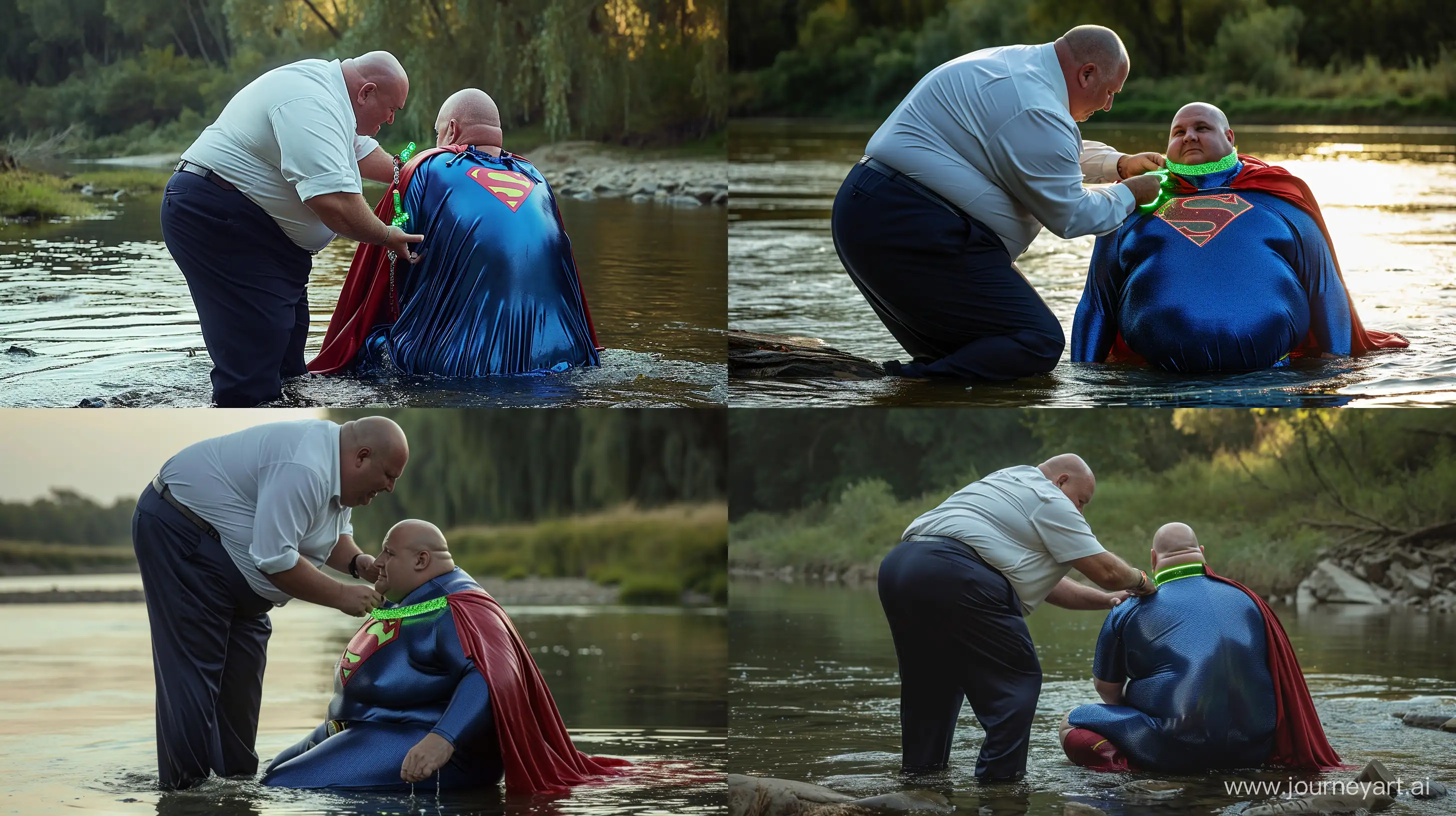 Back view photo of a chubby man aged 60 wearing silky navy business pants and a white shirt, bending and tightening a green glowing small short dog collar on the neck of another chubby man aged 60 sitting in the water and wearing a tight blue silky superman costume with a large red cape. River. Outside. Natural light. Bald. Clean Shaven. --style raw --ar 16:9 --v 6