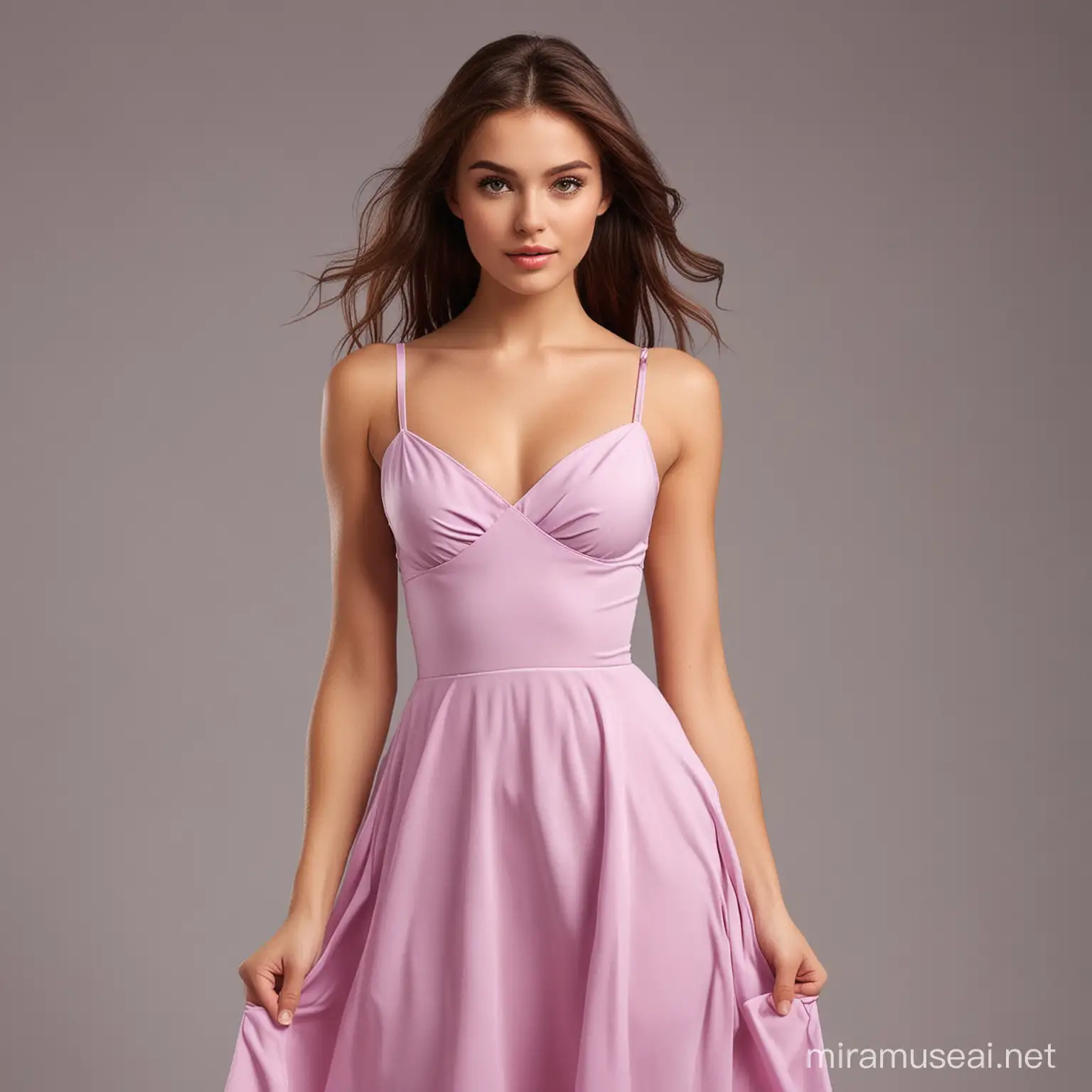 Confident Woman in Pink and Purple LowCut Dress