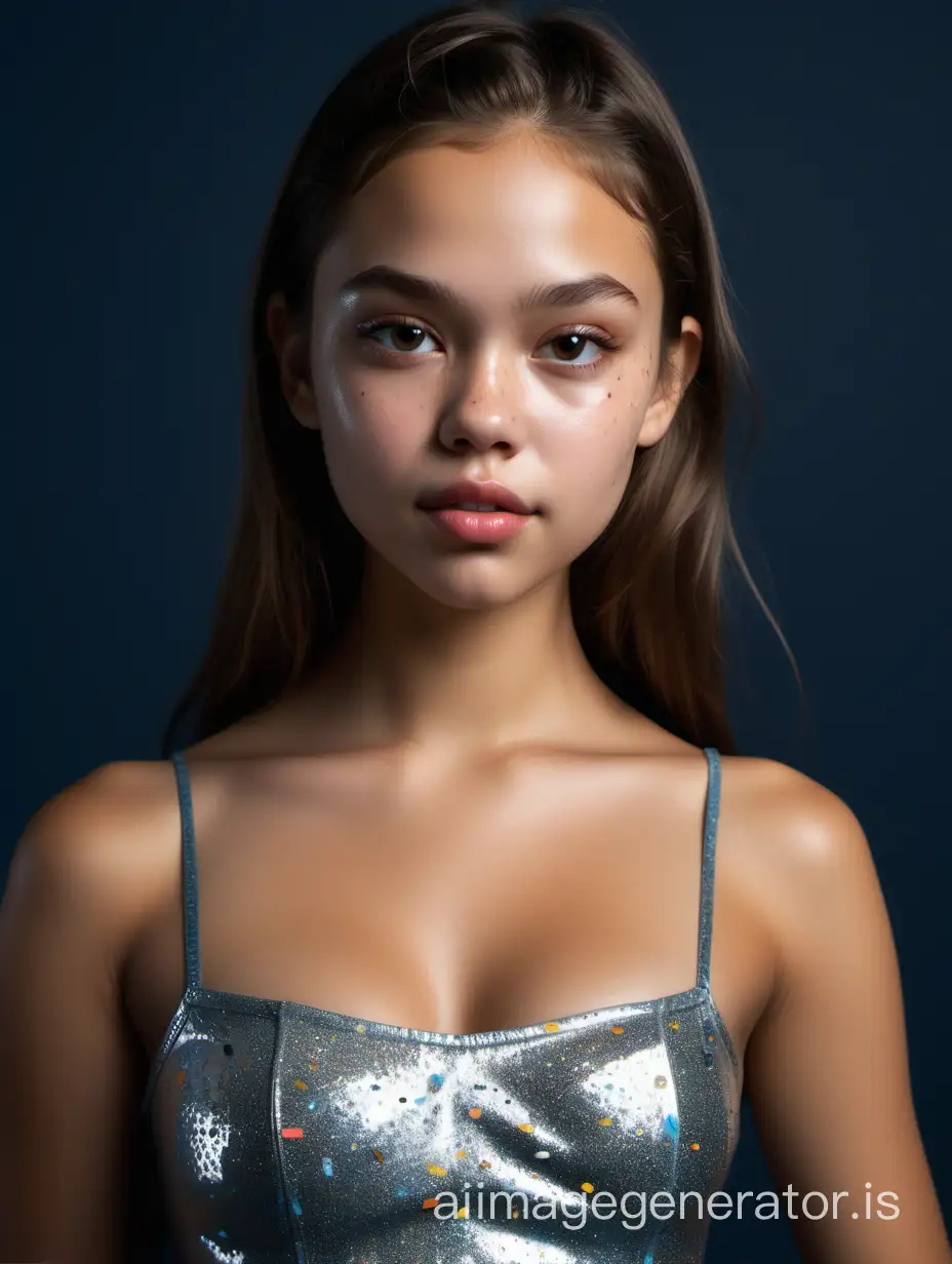 charming teenage with a strikingly feminine figure,hyperrealistc,curvaceous hips and robust thighs, visually rich, ultra sharp focus, 32k, photorealistic, strong outlines, cinematographic scene, highest quality, ultra sharp focus,freckled face is home to a petite, winsome nose and generously full lips , Olivia Rodrigo,Her large, fantasian yellow eyes glitter and gleam with steely determination,in the style of Greg Rutkowski.