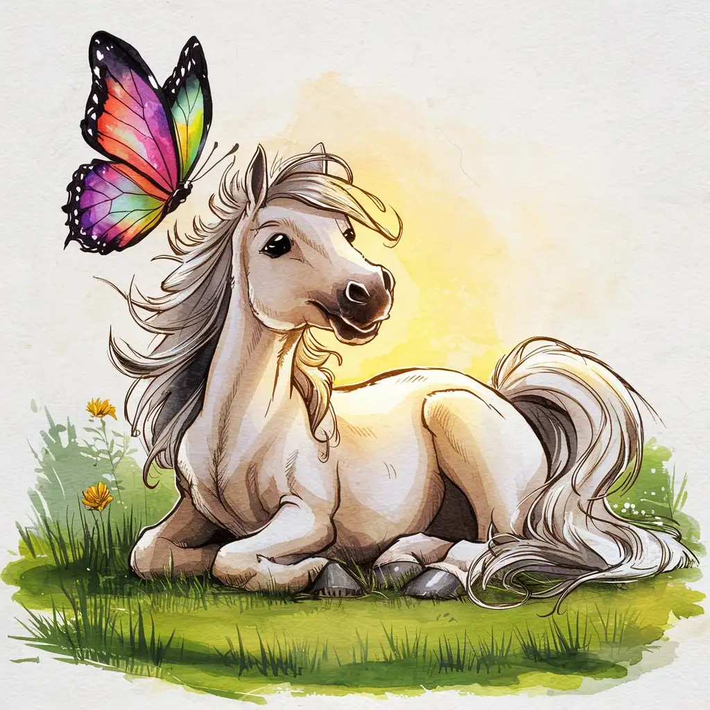 A beautiful white pony, enjoying the sun, while a large butterfly is flying around, vivid colors,ink art style, watercolors