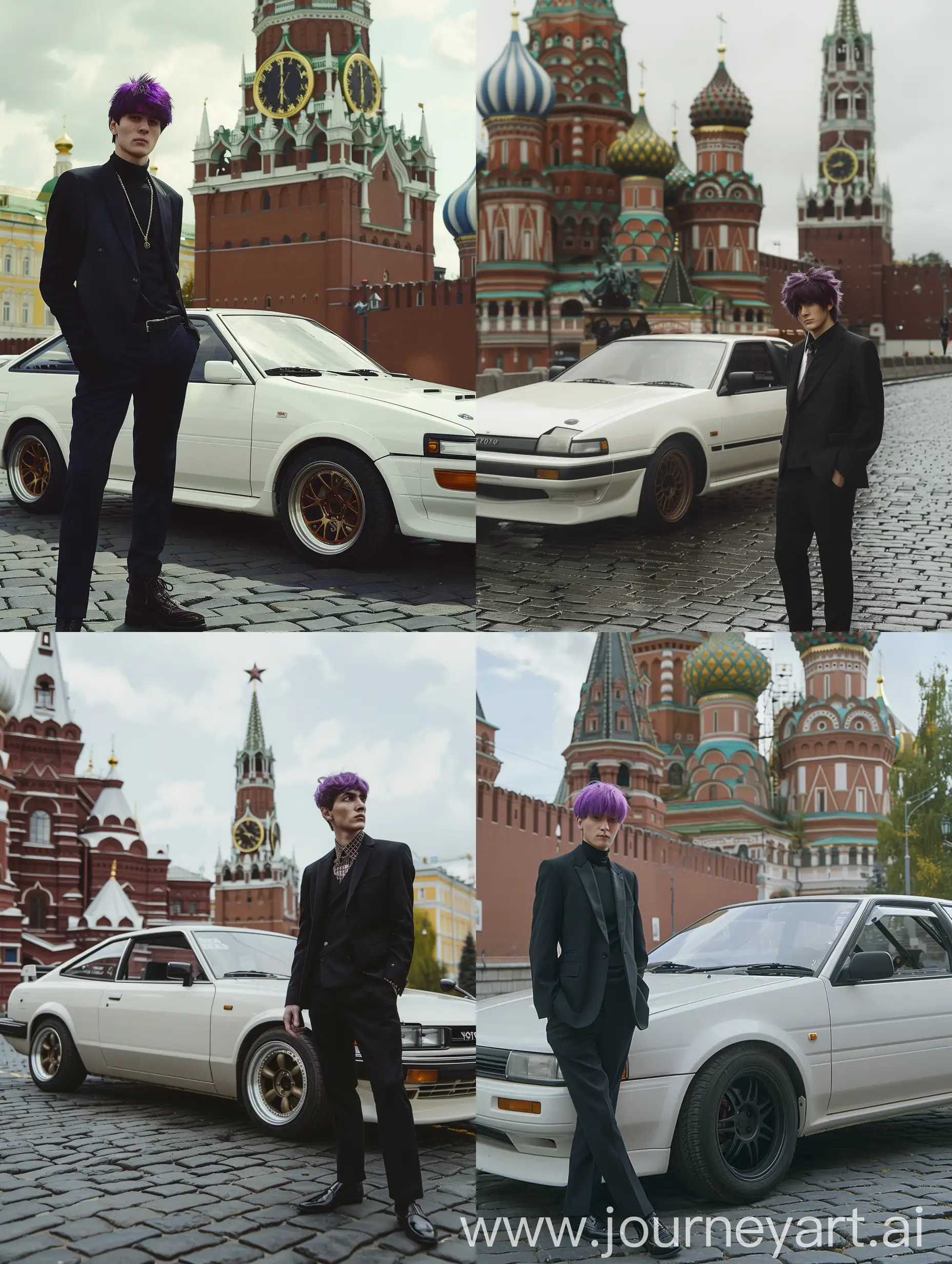 white male with purple hair is wearing a black suit, he is standing next to a white Toyota AE86, in the background is a Moscow in the 1950s