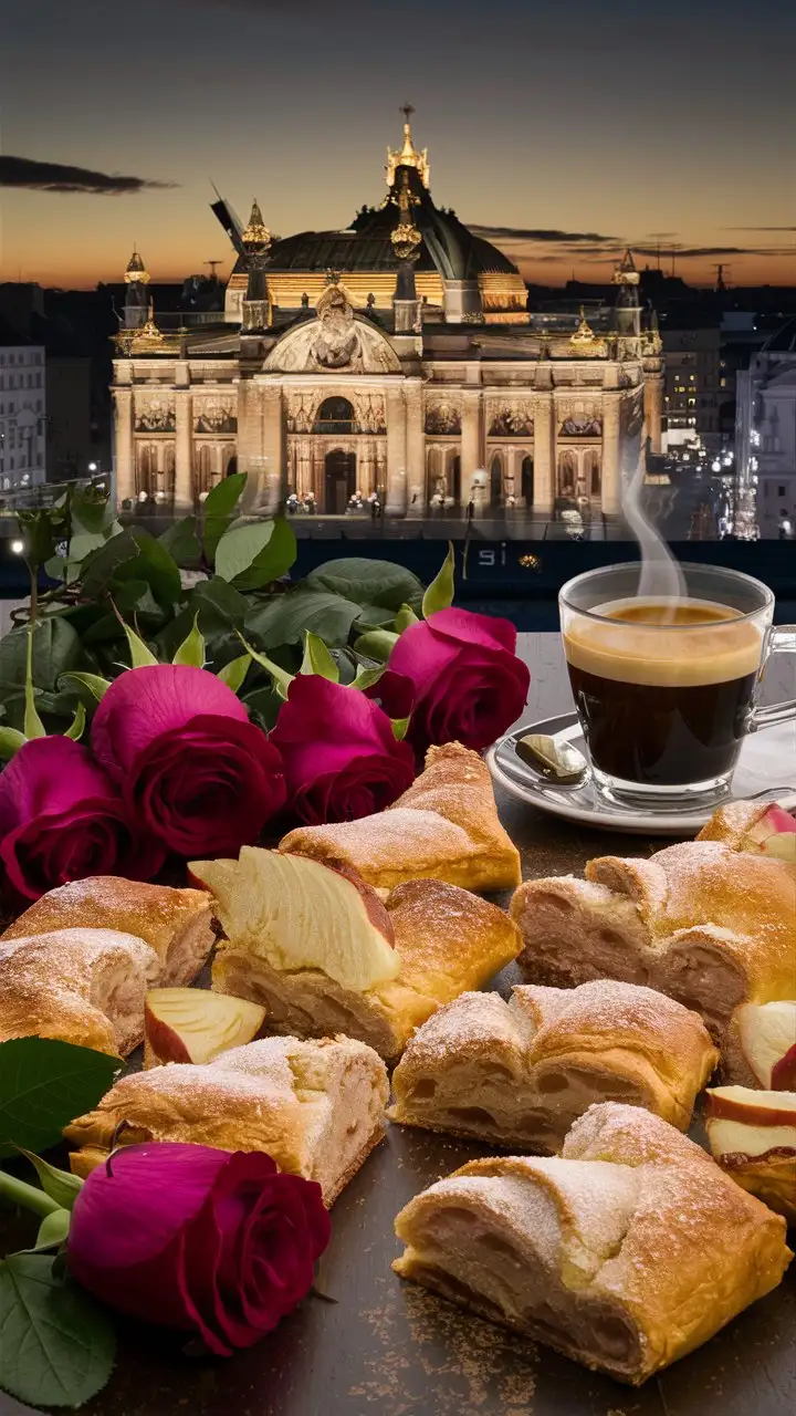 Sterne, Rosen, Apfelkuchen, Espresso, Dresden, Sonnenuntergang, Semperoper 
