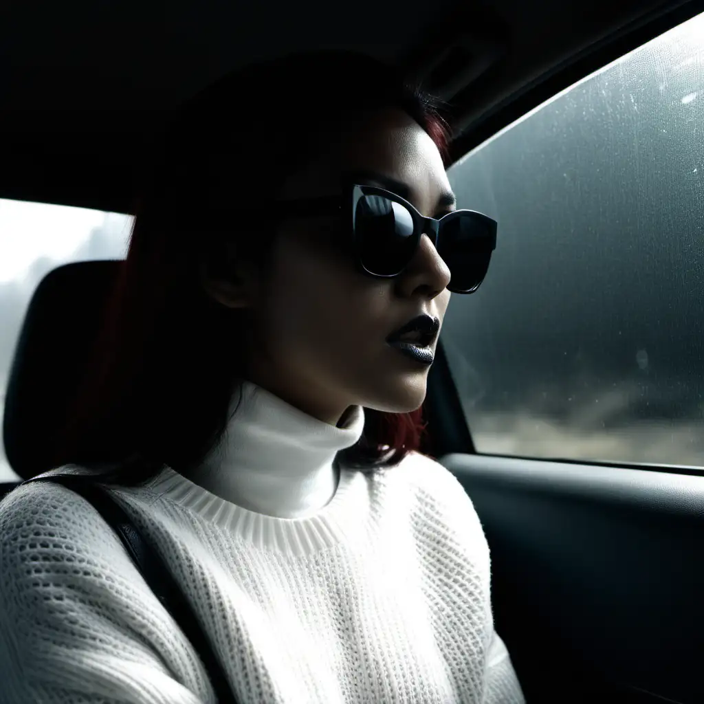 Woman wearing black shades, sitting inside a car looking ominous, staring outside the window, white sweater
and black background