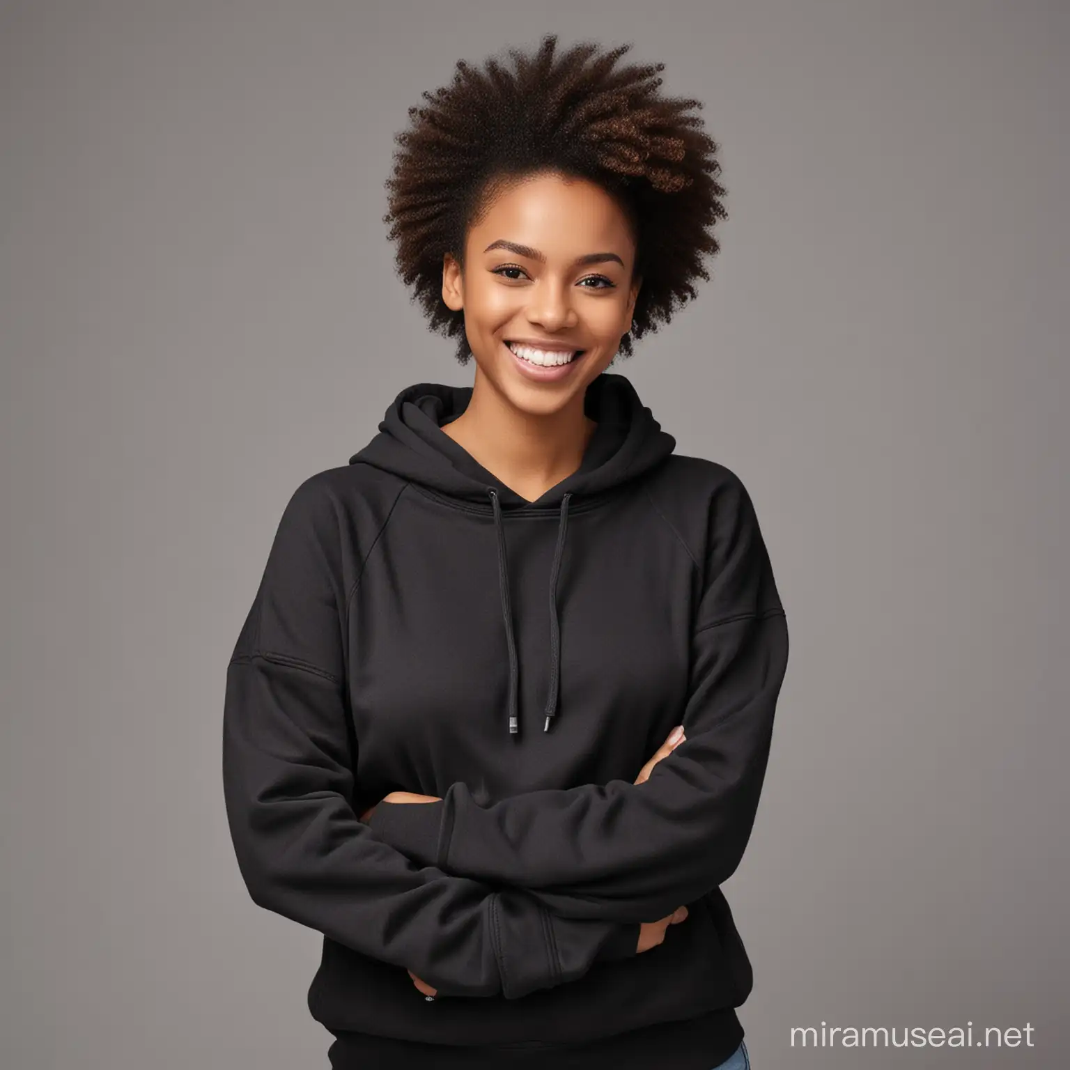 Cheerful black lady , smiling , putting on black sweatshirt , facing camera , standing against gray background ,