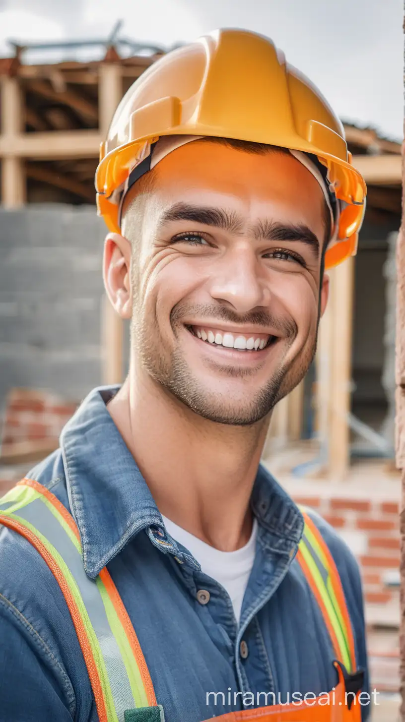  male bricklayer looking at camera smiling, smooth face without beard, foreman in front of a construction site assembling the roof using protective equipment