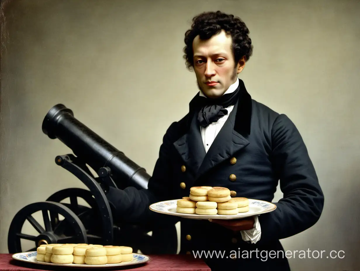 the Russian poet Alexander Sergeevich Pushkin stands next to the cannon cannon and next to it on a plate are crumpets