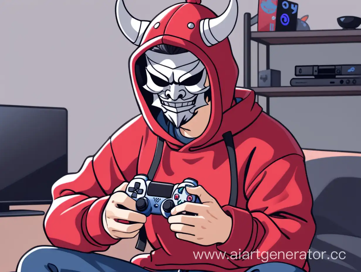 Самурай геймер в красной кофте у которой рукава свернуты до локтей  с катаной на спине,  в маске демона, в самурайской шляпе, c геймпадом от playstation в руках