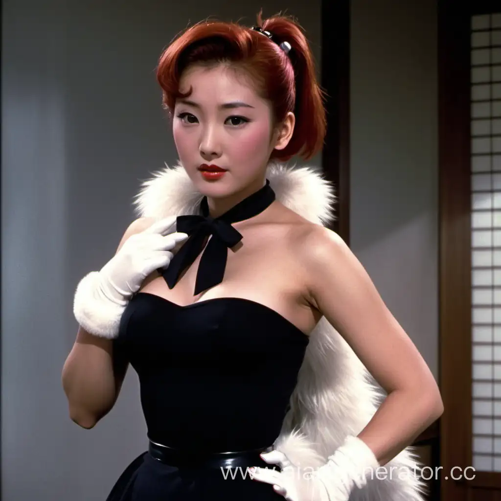 Touko Aozaki who is a Japanese woman with red hair tied back in a pony tail who wears a short black dress that shows off her breasts and and arms with tights, heels and white fur scarf around her shoulders and neck

She is a femme fatale in a 1950s American movie