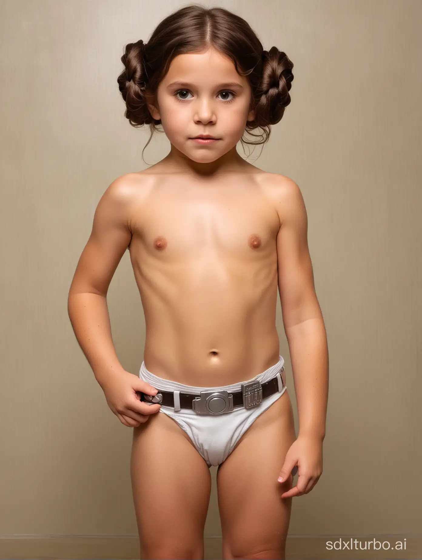 Princess Leia at 7 years old, very muscular abs, showing her belly, bathing