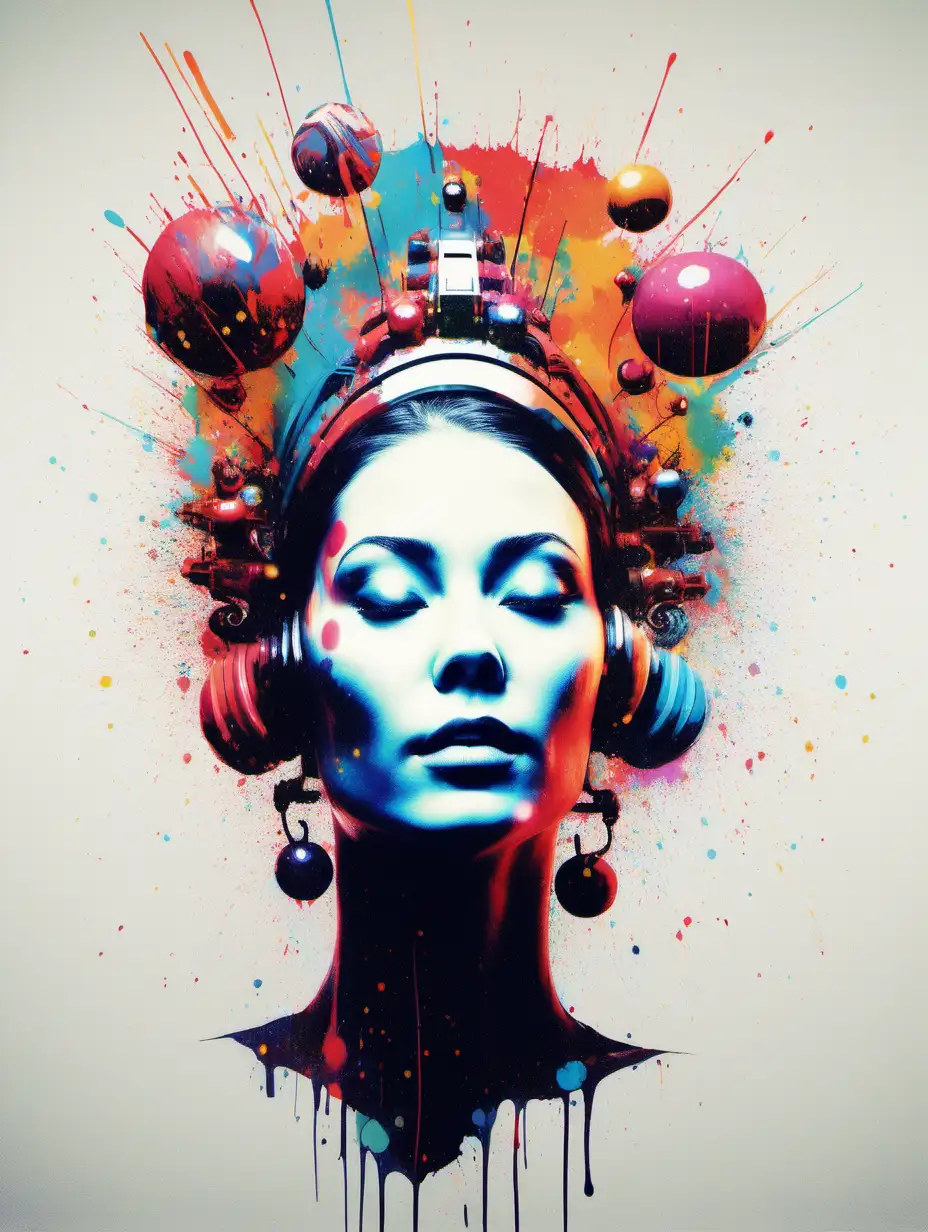 A female portrait featuring a headpiece with levitating elements that orbit around the model's head, vibrant colours ,colour splatter art style 