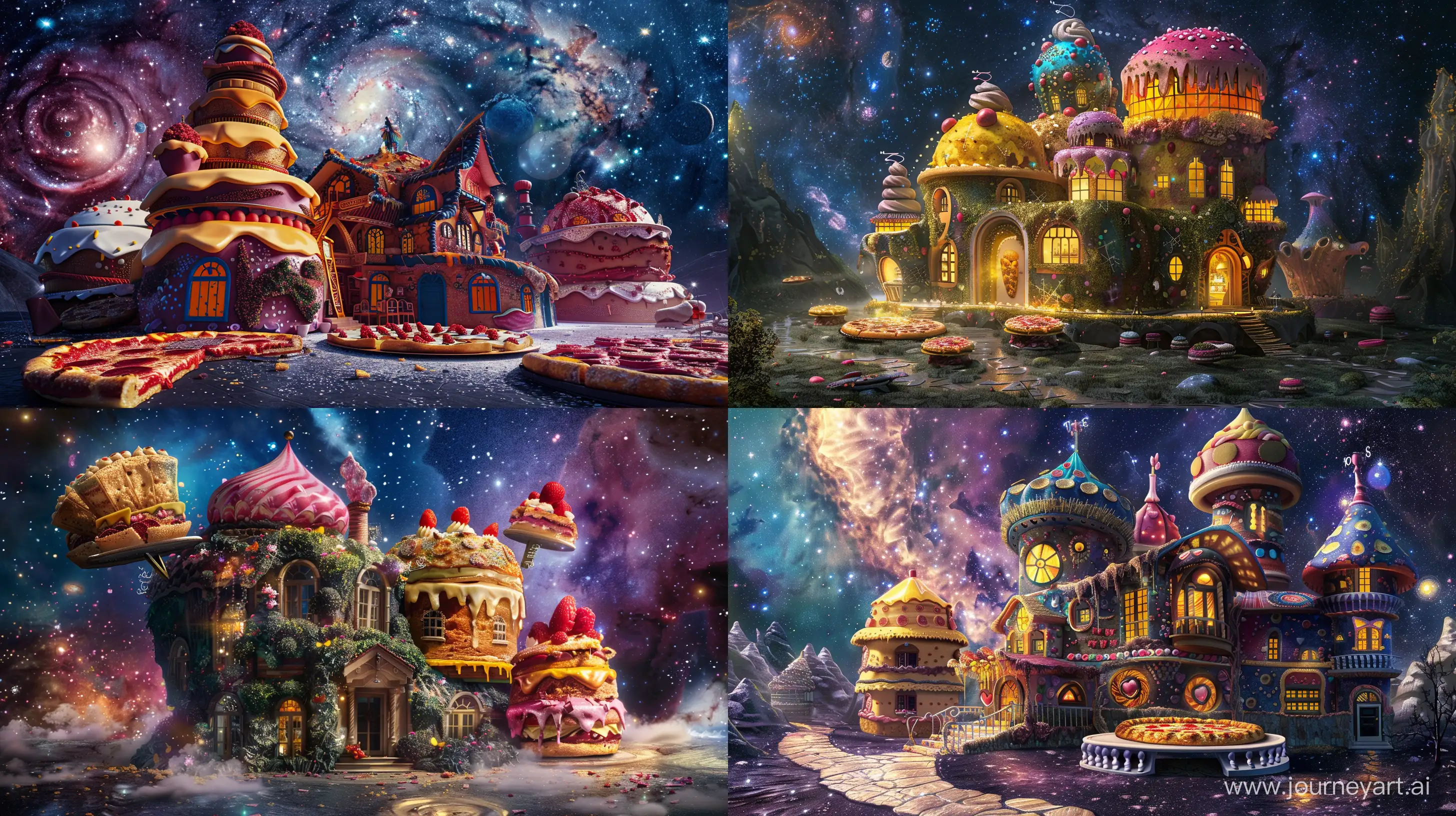 big house in the shape of cakes and pizza, in the galaxy, beautiful, colorful, fantasy style, realistic --ar 16:9