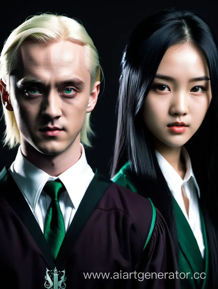 Draco Malfoy with an Asian girl with long black hair and brown eyes