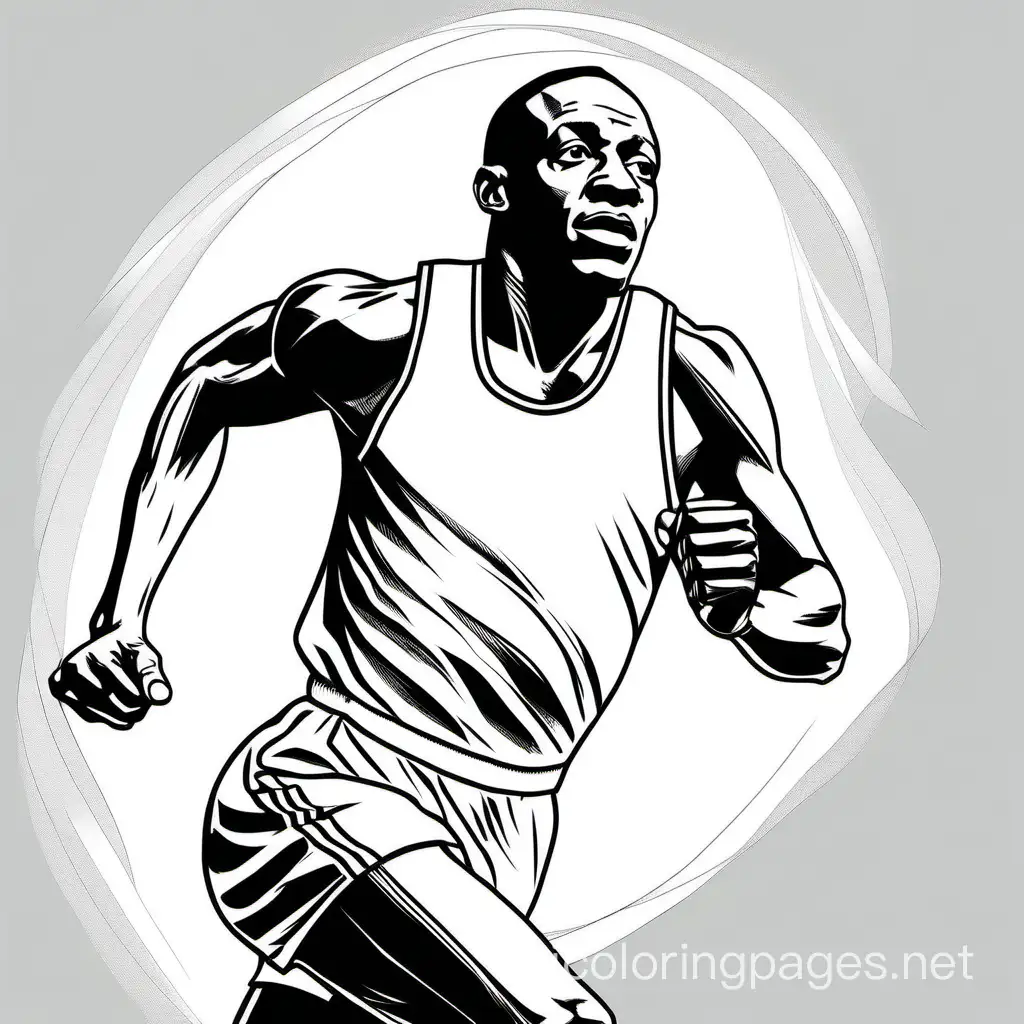 Jesse Owens, Coloring Page, black and white, line art, white background, Simplicity, Ample White Space. The background of the coloring page is plain white to make it easy for young children to color within the lines. The outlines of all the subjects are easy to distinguish, making it simple for kids to color without too much difficulty