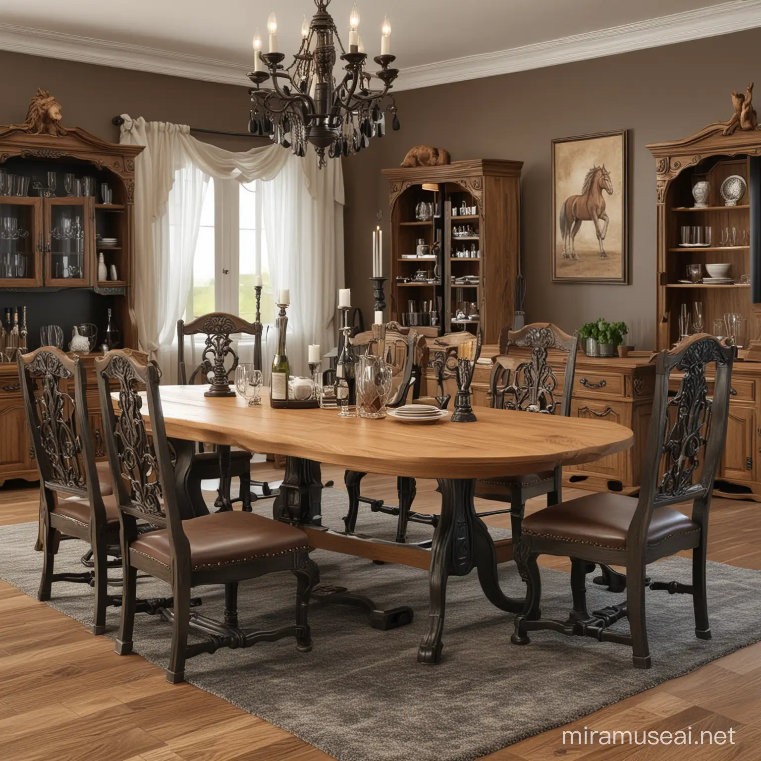 horse lovers design. horse accessories. horse shape dinner table. horse saddle rack instead of chairs. oak wood. fancy. black hardware.  very detailed.  realistic architecture. good quality.  a horse eating dinner.