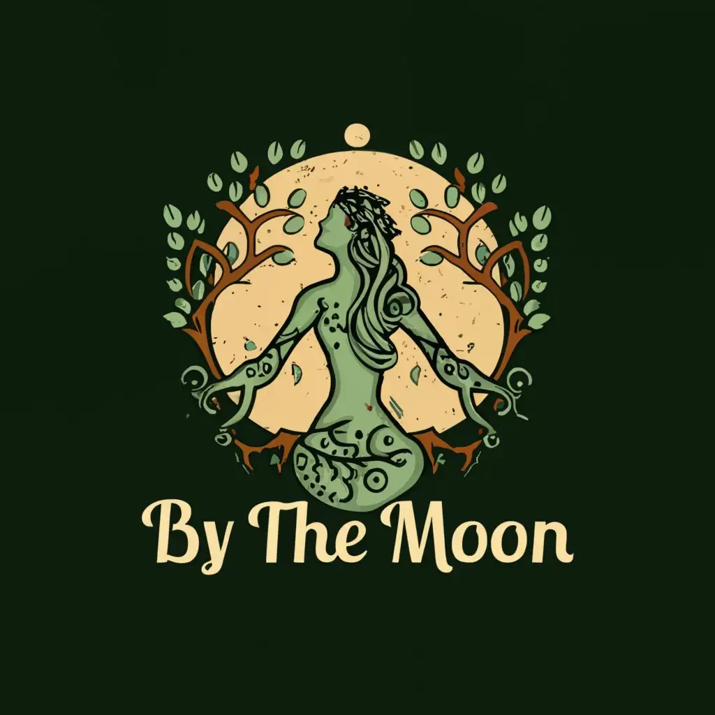 LOGO-Design-For-By-the-Moon-Forest-Green-Batik-Tree-of-Life-Woman-with-Moon-Phases