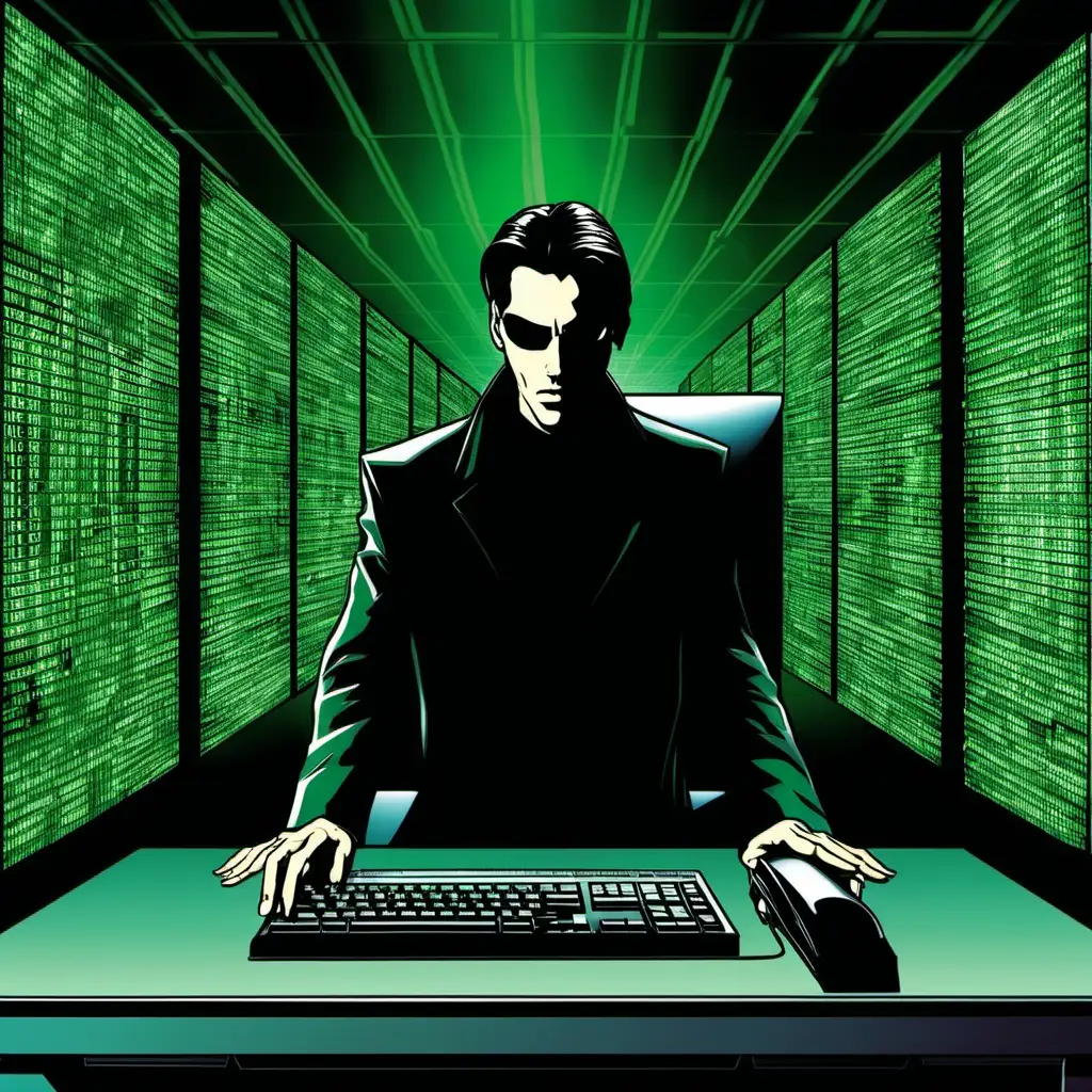 neo from the matrix looking anonymous behind computer screen, hacking