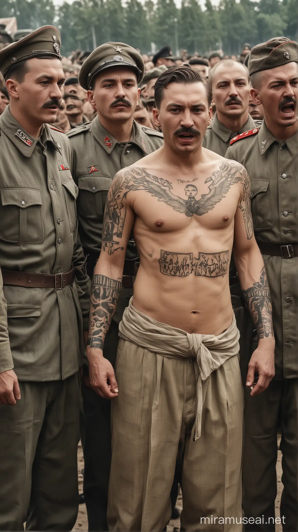 Nazi soldiers look on in astonishment as they catch a prisoner with a tattoo of Lenin and Stalin on his chest, who is about to be executed. The tattoo gives them pause, causing hesitation to shoot, and in the background, other prisoners are seen with similar tattoos.