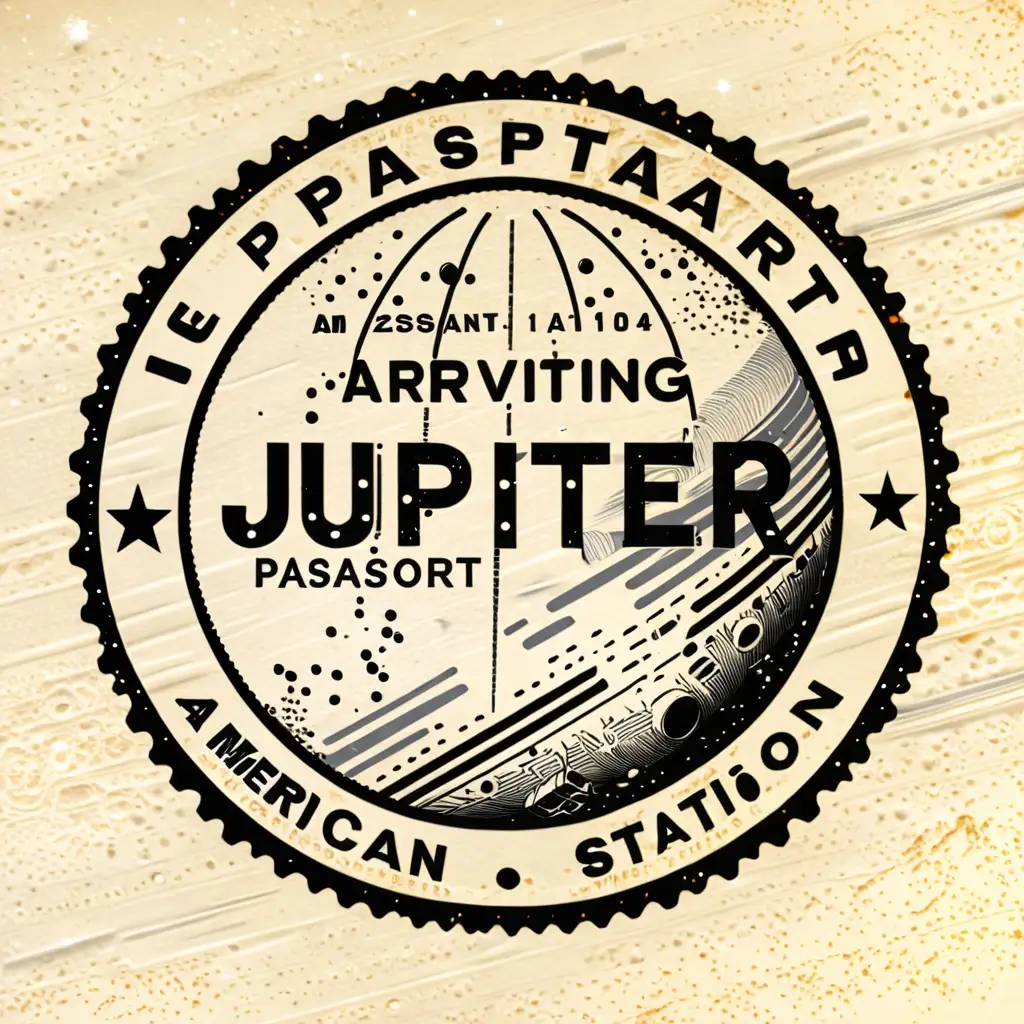A future passport stamp for arriving at Jupiter station, on a stamp page in an American passport