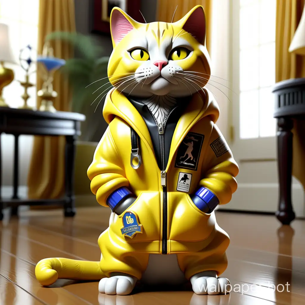 TRASH BUSTER urine odor remover, yellow trigger bottle, logo on the bottle Trash Buster, Cat in a jacket with Biohim emblem, Michael Jackson, beautiful room, Perfume, floor shine
