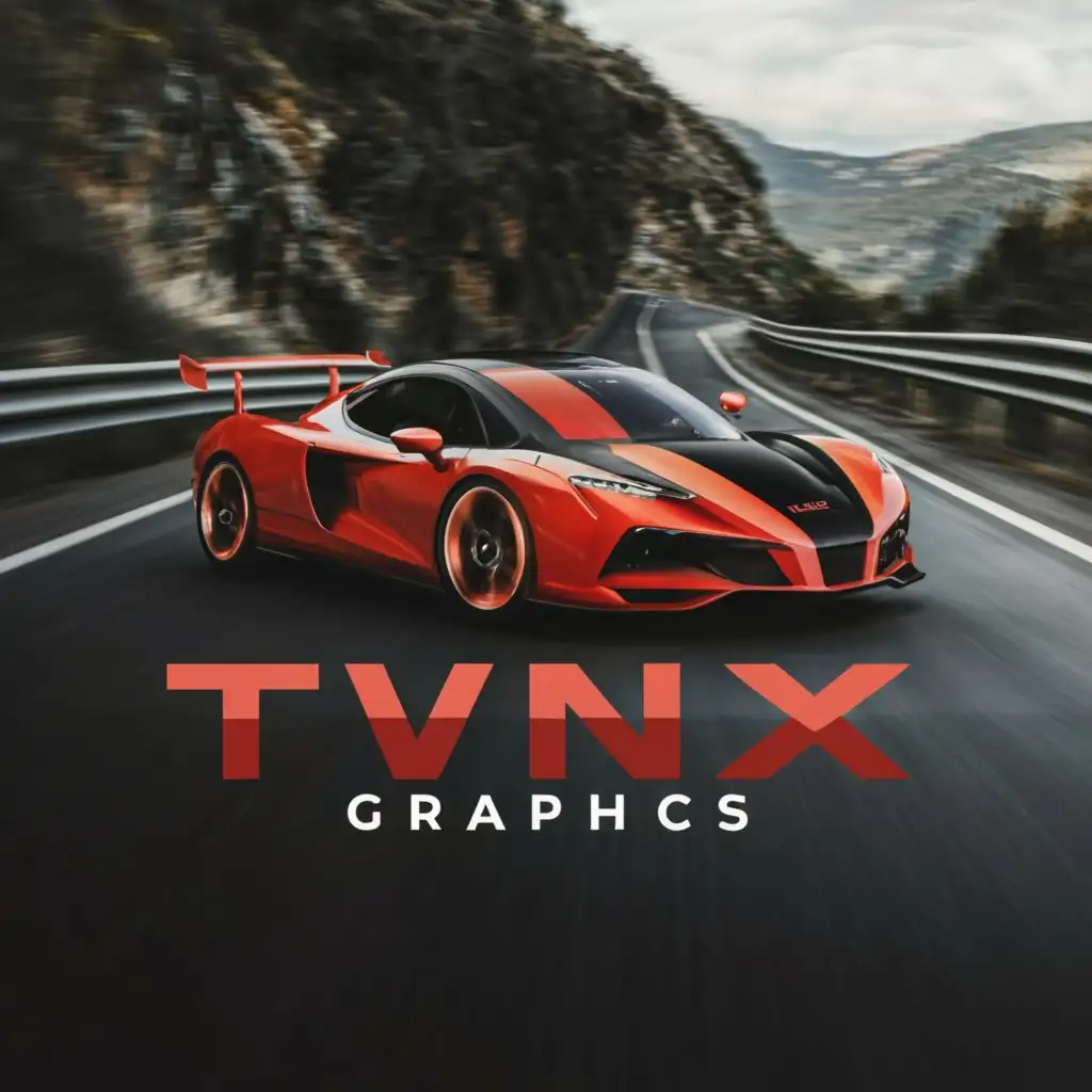 a logo design,with the text "TwinX
Graphics
", main symbol:Super car logo, but the background is realistic has a road with trees and a beautiful view. The main colors should be red and black,Minimalistic,be used in Travel industry,clear background