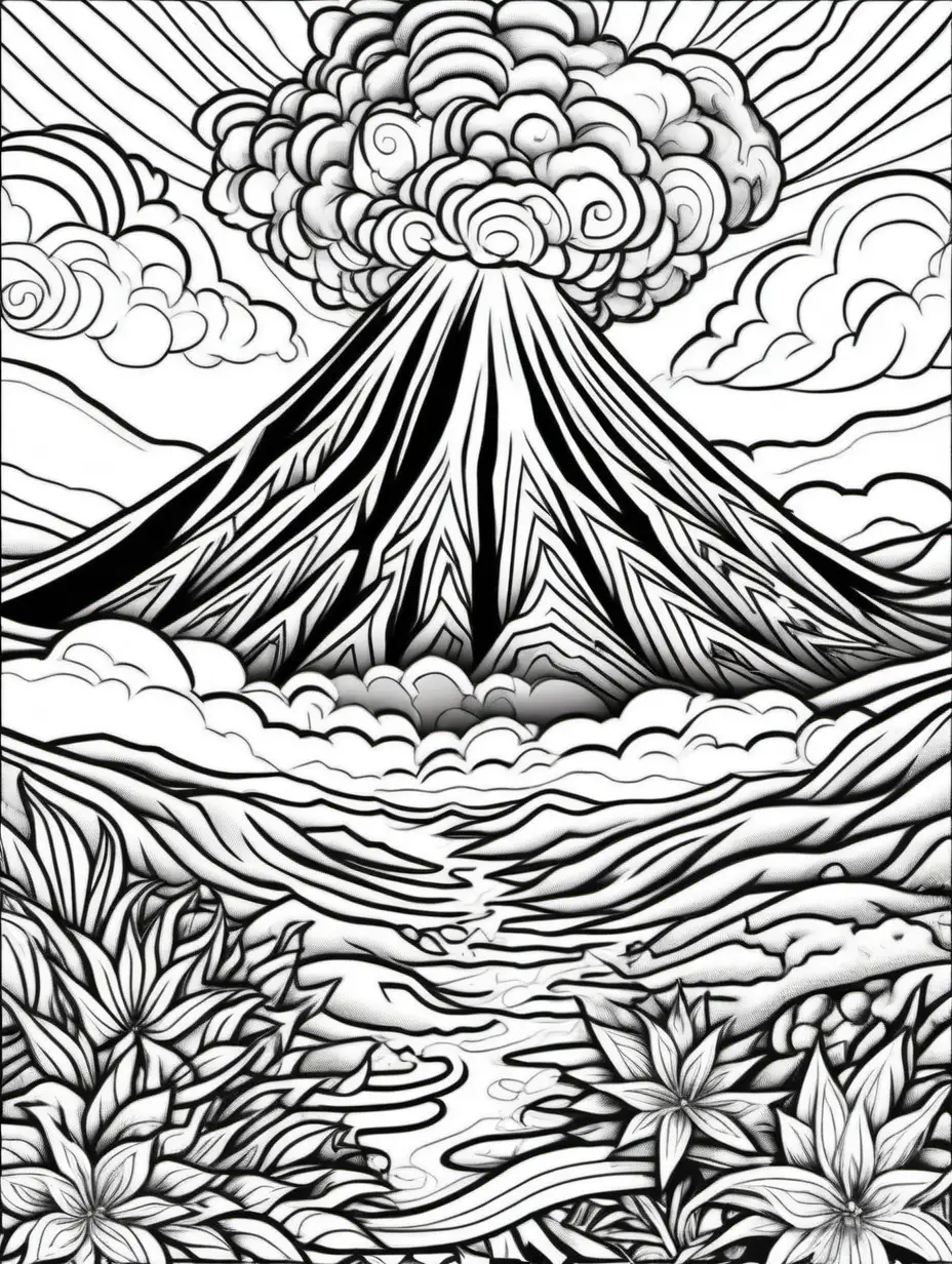 volcano erupting, adult coloring page, doodle floral art background, black and white, thick black lines, clean edges, full page, color by number