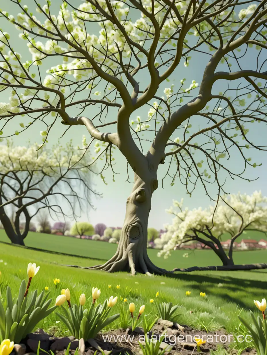 весенний пейзаж с деревом на центральном плане и ветками крупным планом