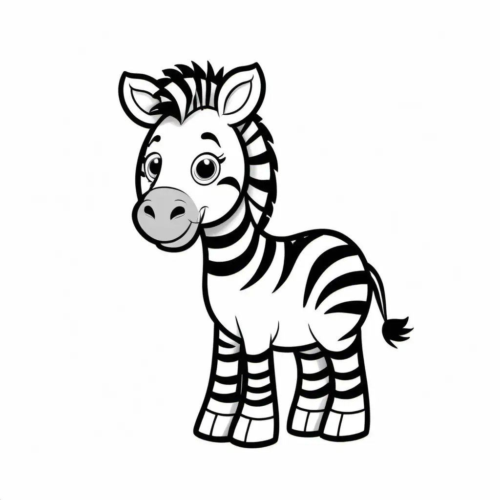 A cartoon illustration in black and white line art, of an Zebra. The style is cute Disney with soft lines and delicate shading. Coloring Page, black and white, line art, white background, Simplicity, Ample White Space. The background of the coloring page is plain white to make it easy for young children to color within the lines. The outlines of all the subjects are easy to distinguish, making it simple for kids to color without too much difficulty, Coloring Page, black and white, line art, white background, Simplicity, Ample White Space. The background of the coloring page is plain white to make it easy for young children to color within the lines. The outlines of all the subjects are easy to distinguish, making it simple for kids to color without too much difficulty