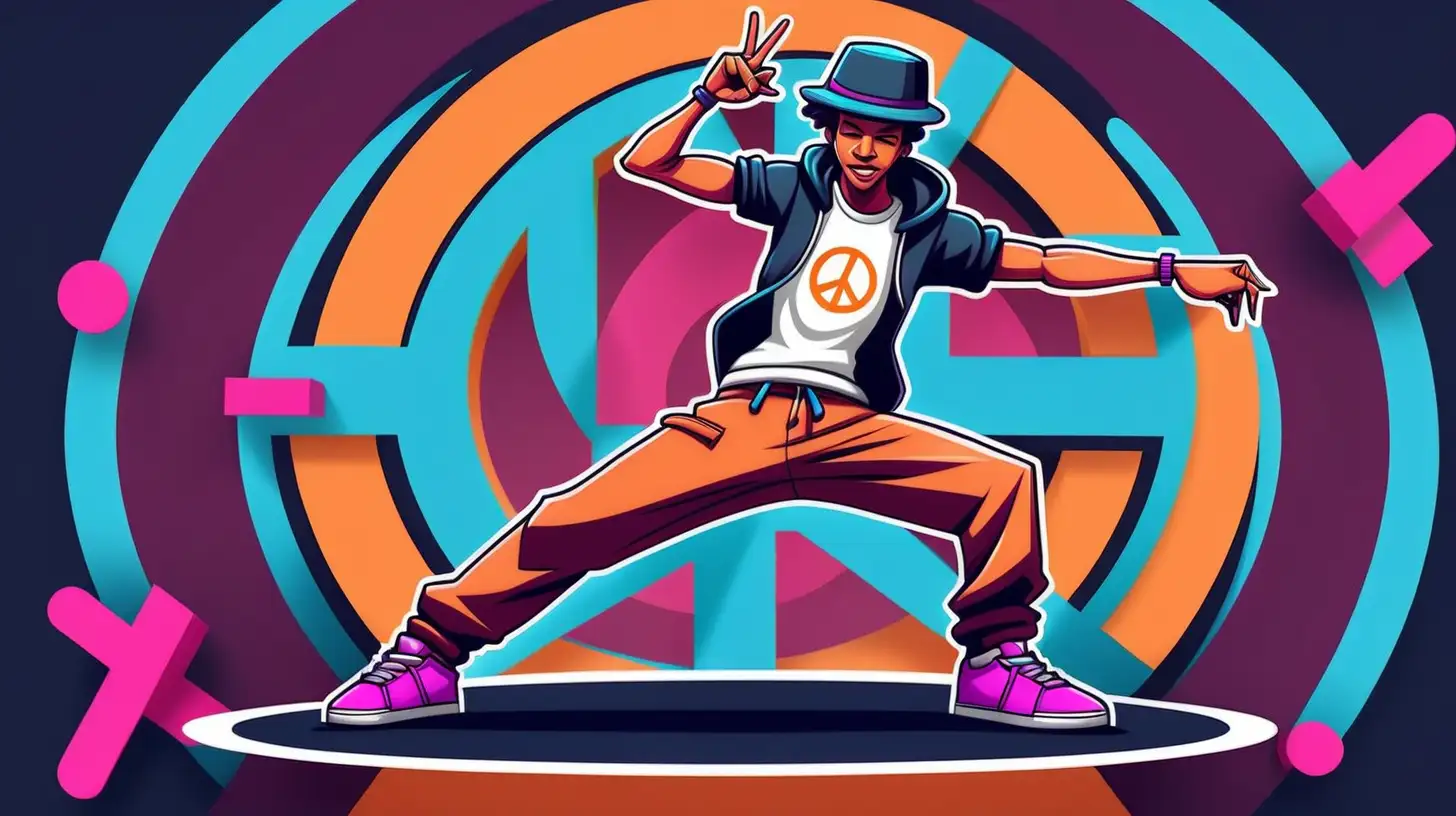 Logo for indie game company  with one break dancer and peace sign  on the lbackground