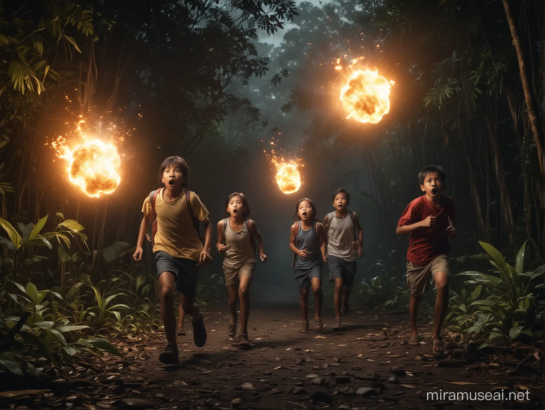 A group of scared Filipino children being chased by a floating fireball in the jungle while hiking at night, horror, cinematic