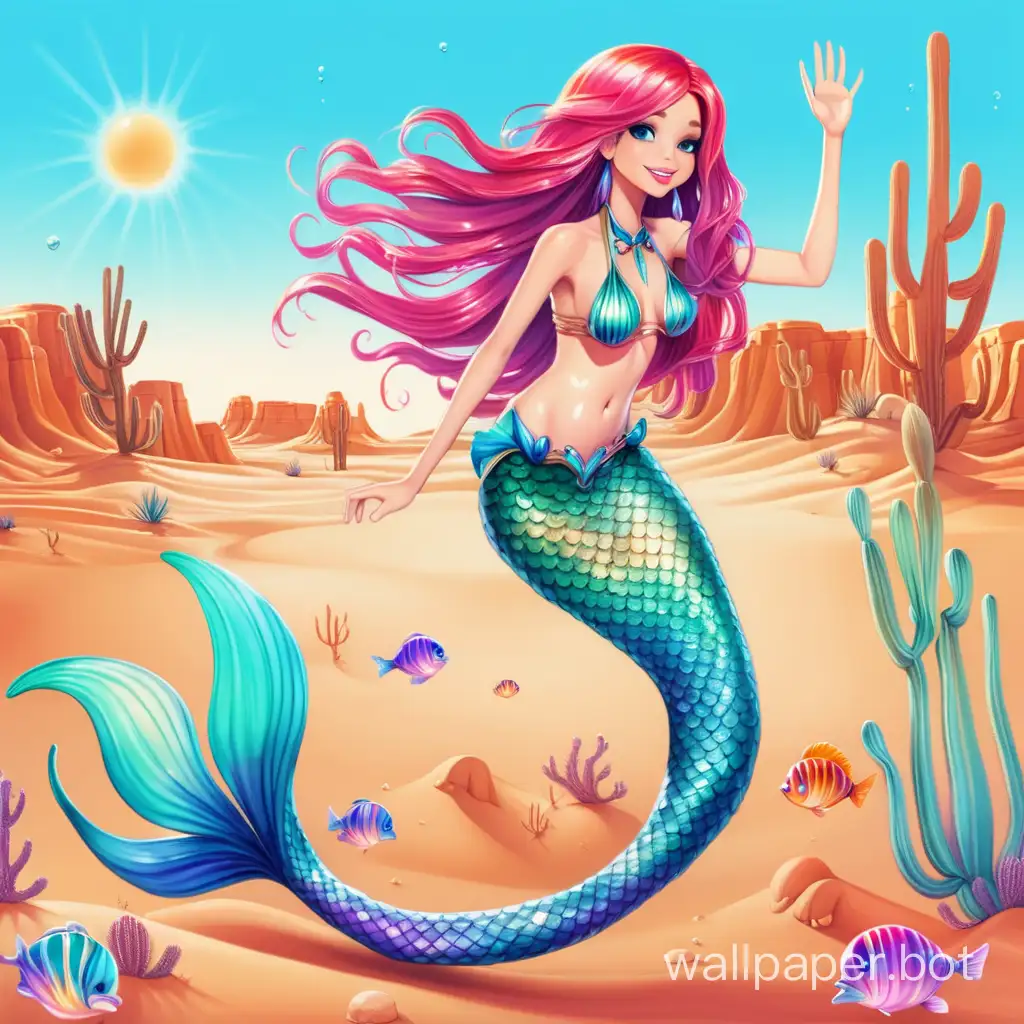 colorful mermaid swimming in a desert on a hot sunny day