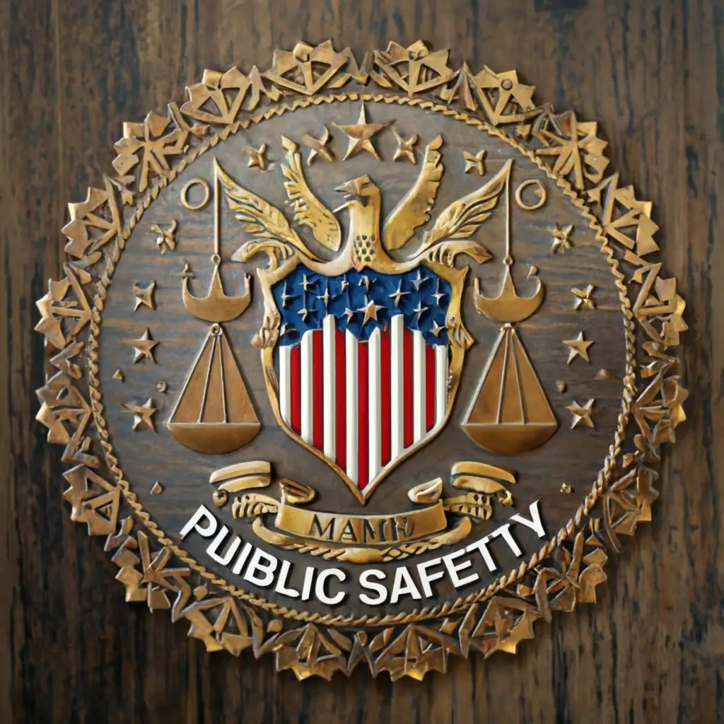 a logo design,with the text 'Department Public Safety', main symbol:Shield, Stars, Scales of Justice, Crossed Weapons,,complex,clear background