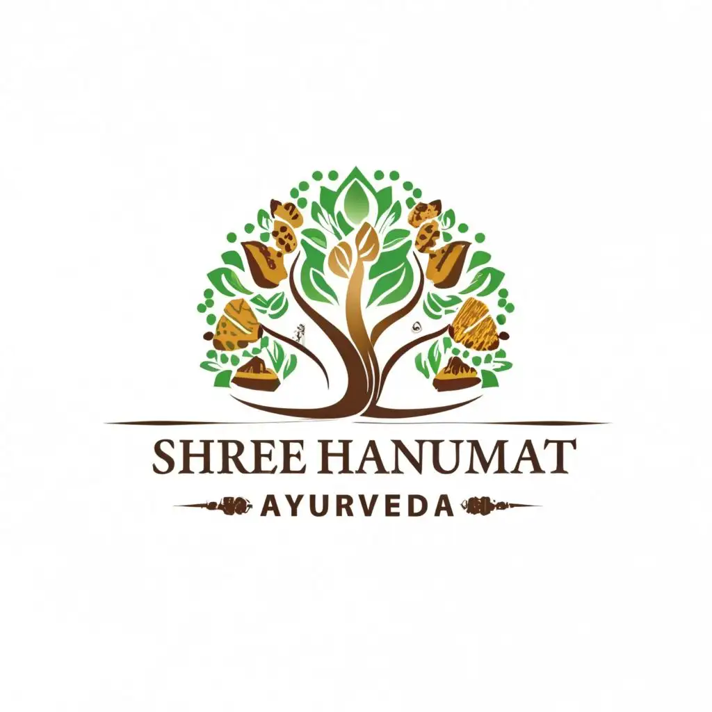 logo, Tree, sun, herbs and medical, with the text "SHREE HANUMAT AYURVEDA", typography, be used in Religious industry