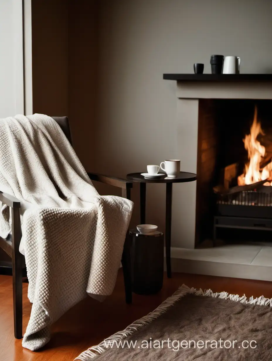 fireplace, chair with blanket, coffee cup on a table