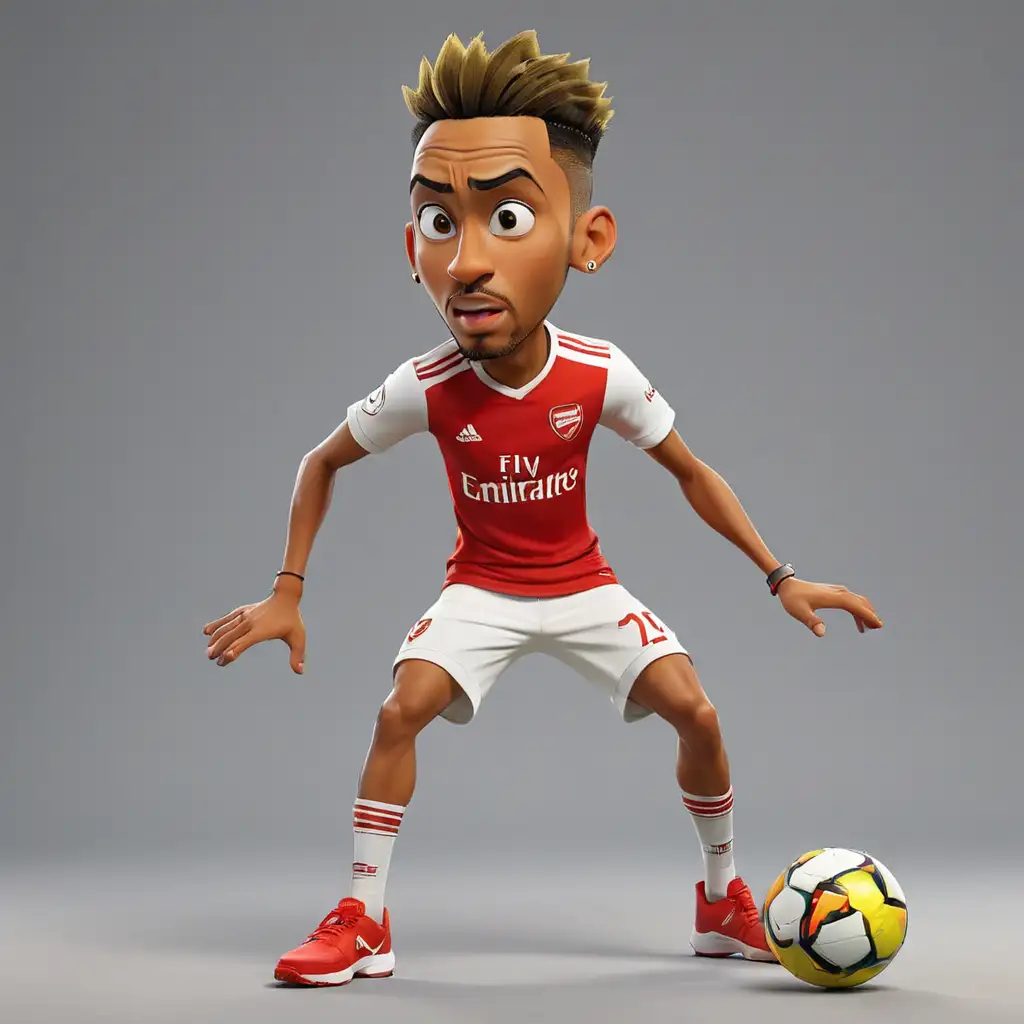 Draw the image of Pierre-Emerick Aubameyang
IN Arsenal T-SHIRT , dribbling the ball

, 3d cartoon,wearing shoes, 
