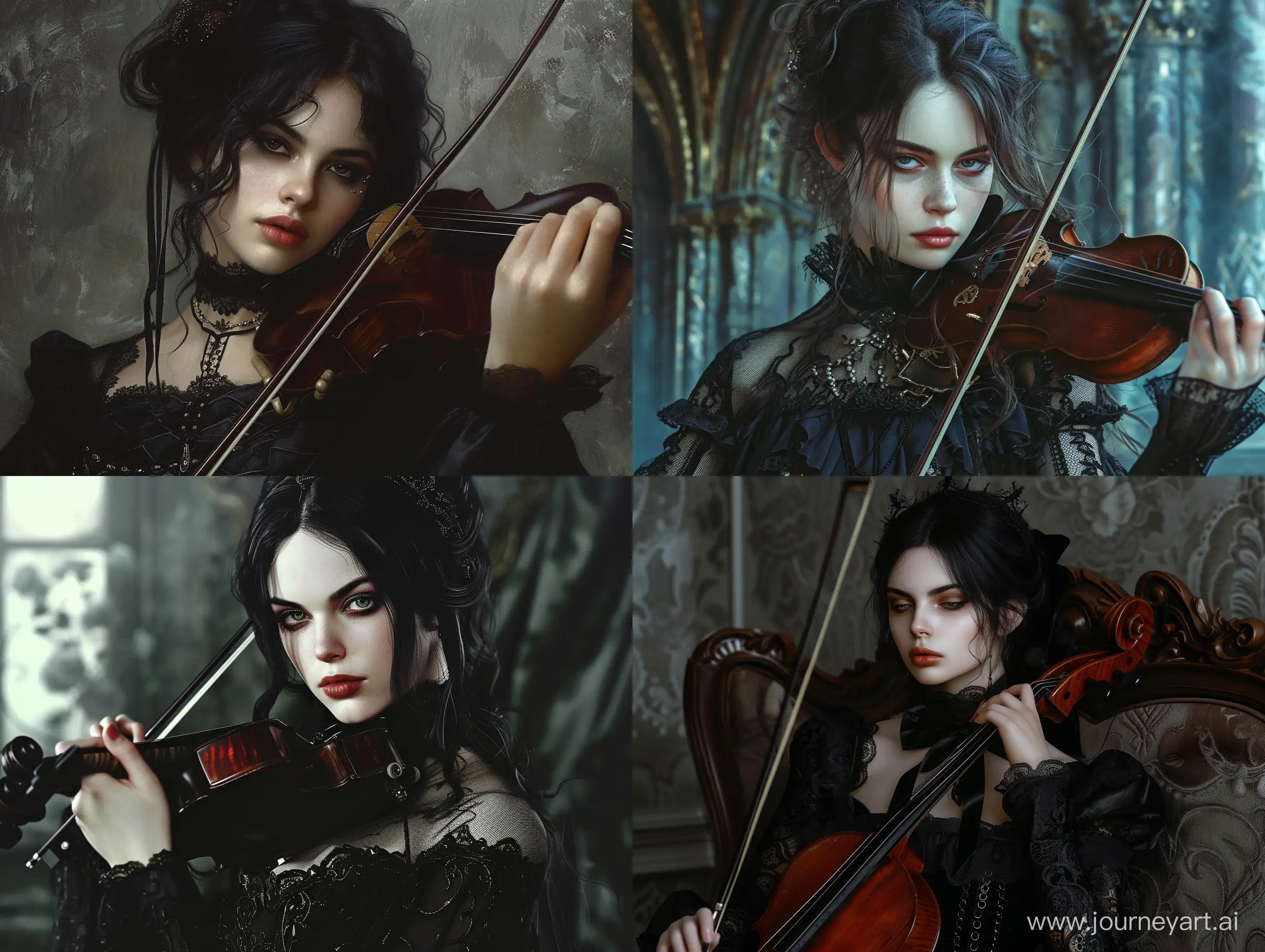 Gothic-Woman-Leading-a-Photorealistic-String-Quartet-Performance-in-4K