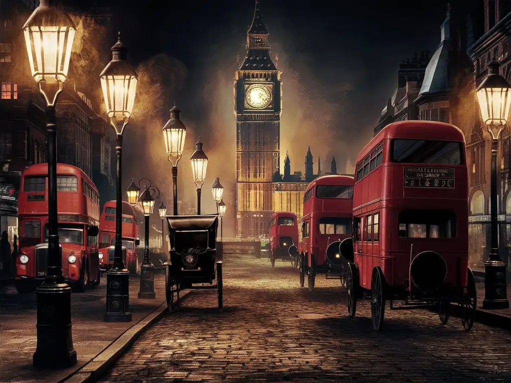 Улица викторианского Лондона ночью, освещенная светом городских фонарей
